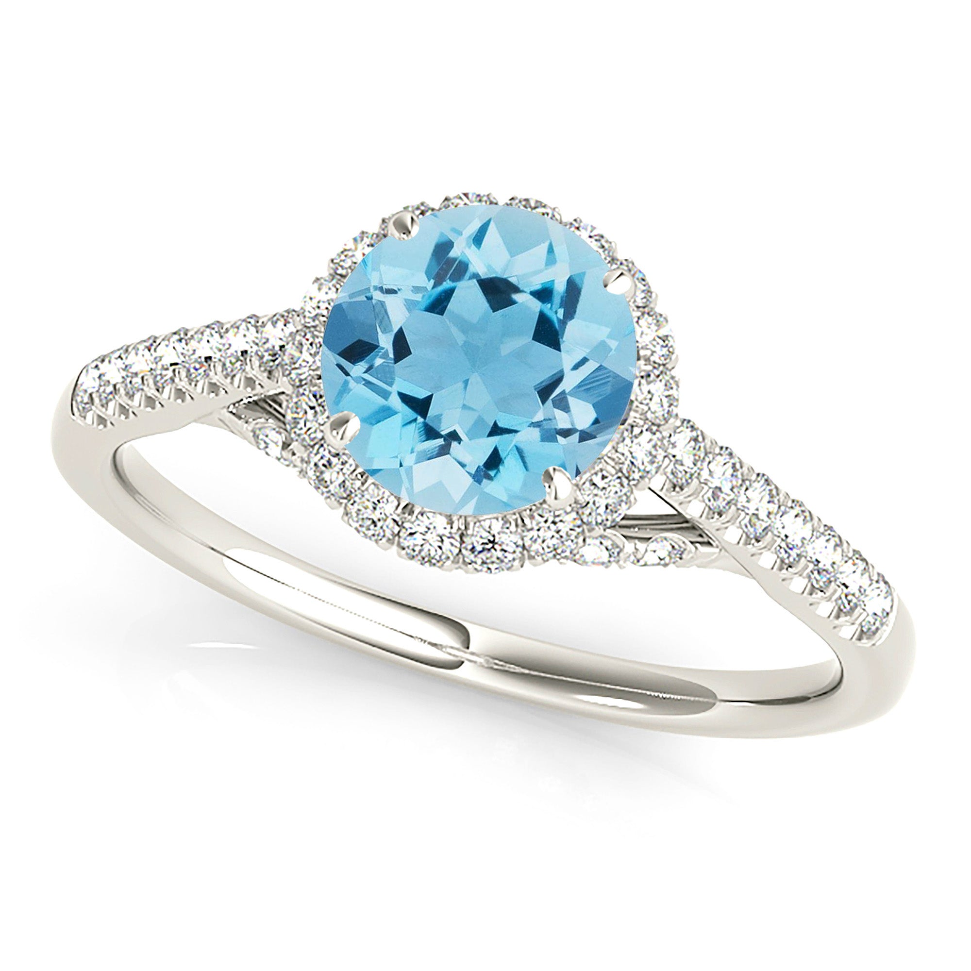 1.10 ct. Genuine Aquamarine Ring With 0.40 ctw. Diamond Halo and Band, Fancy Diamond Bridge Underneath | Round Blue Aquamarine Halo Ring-VIRABYANI