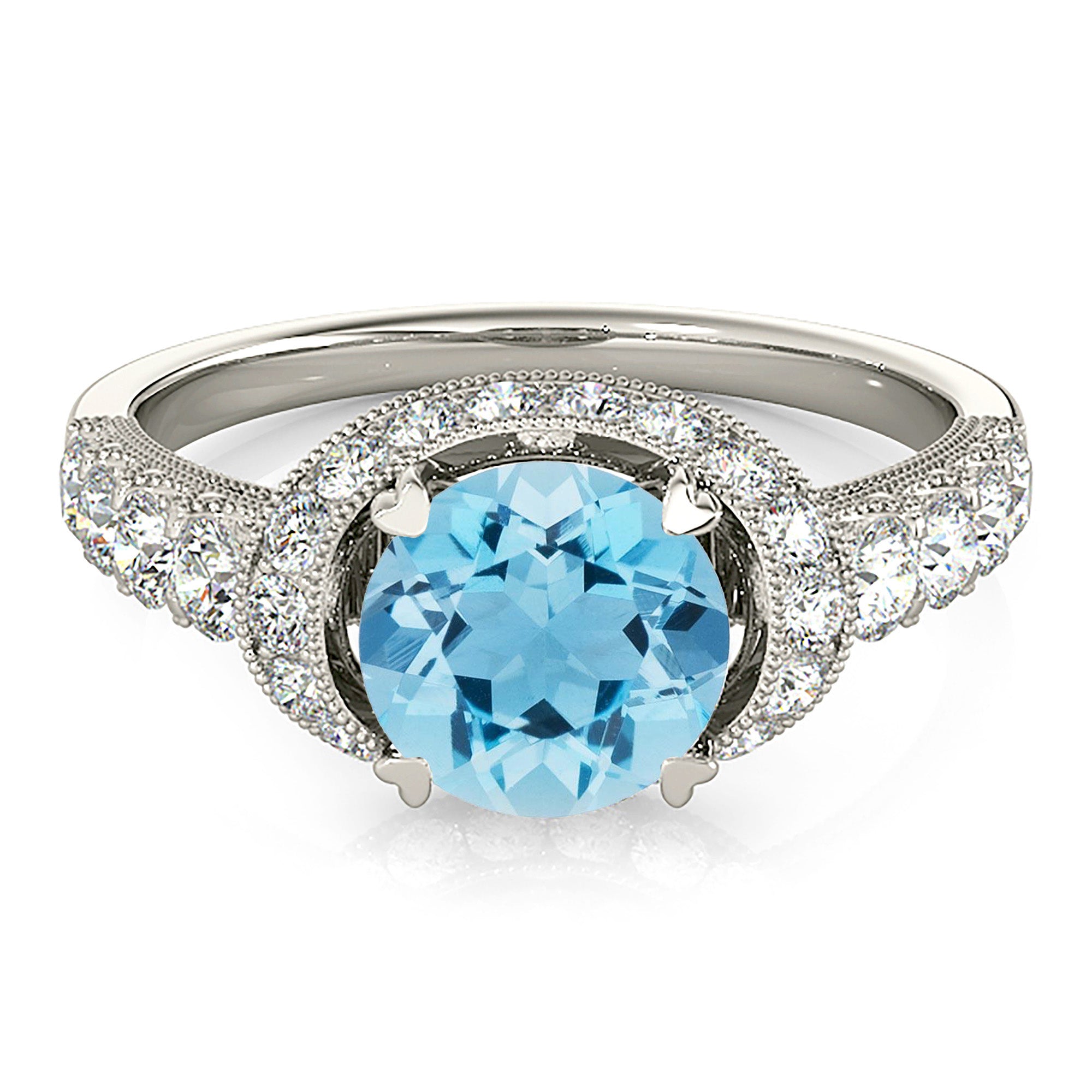 1.10 ct. Genuine Aquamarine Ring With 0.70 ctw. Diamond East-West Oval Halo, MIlgrain Design Diamond Band | Round Blue Aquamarine Halo Ring-in 14K/18K White, Yellow, Rose Gold and Platinum - Christmas Jewelry Gift -VIRABYANI