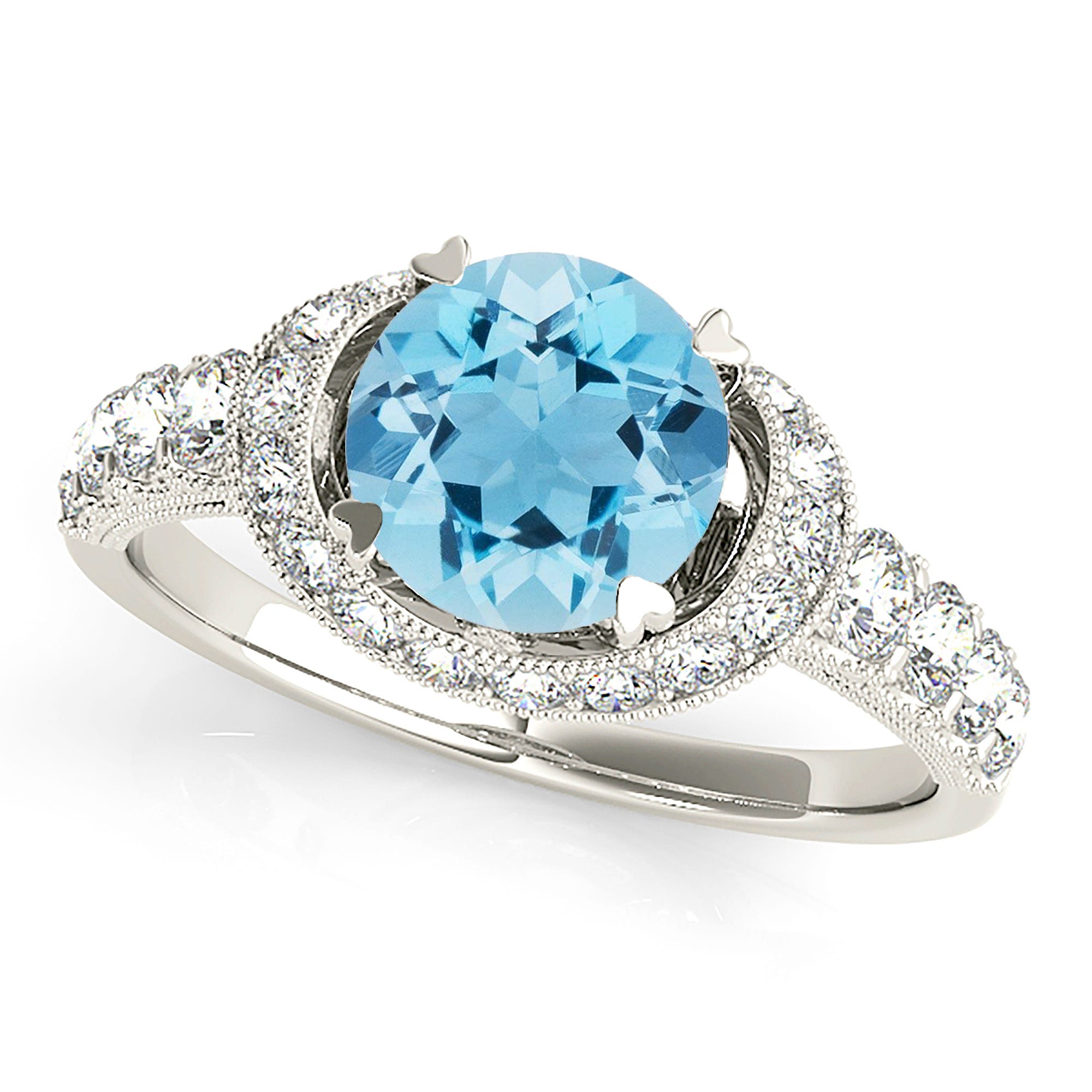 1.10 ct. Genuine Aquamarine Ring With 0.70 ctw. Diamond East-West Oval Halo, MIlgrain Design Diamond Band | Round Blue Aquamarine Halo Ring-in 14K/18K White, Yellow, Rose Gold and Platinum - Christmas Jewelry Gift -VIRABYANI