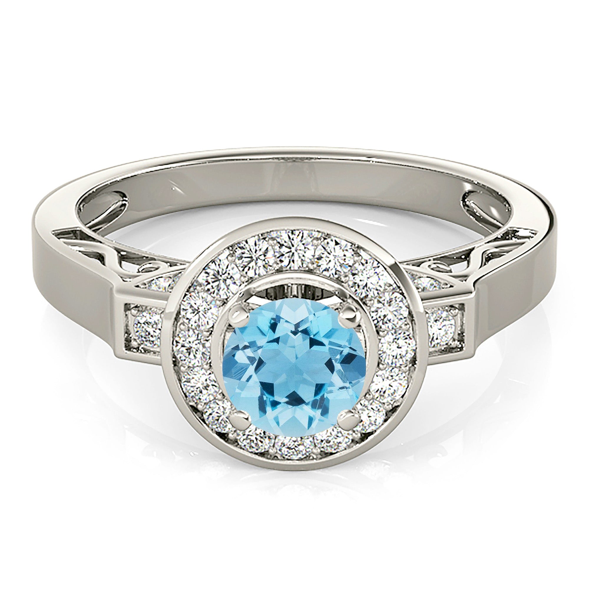 1.00 ct. Genuine Aquamarine Ring With 0.40 ctw. Diamond Double Edge Bezel Halo, Side Accent Diamonds, Solid Gold Band | Aquamarine Halo Ring-VIRABYANI