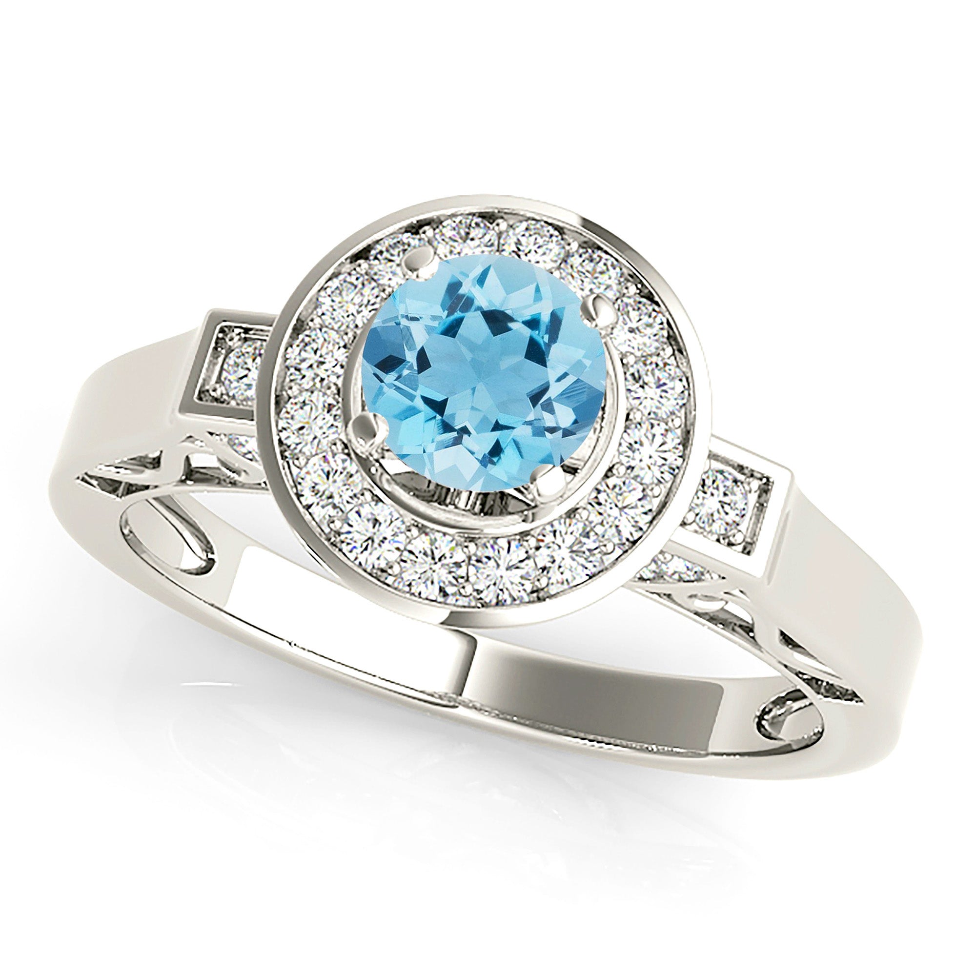 1.00 ct. Genuine Aquamarine Ring With 0.40 ctw. Diamond Double Edge Bezel Halo, Side Accent Diamonds, Solid Gold Band | Aquamarine Halo Ring-VIRABYANI