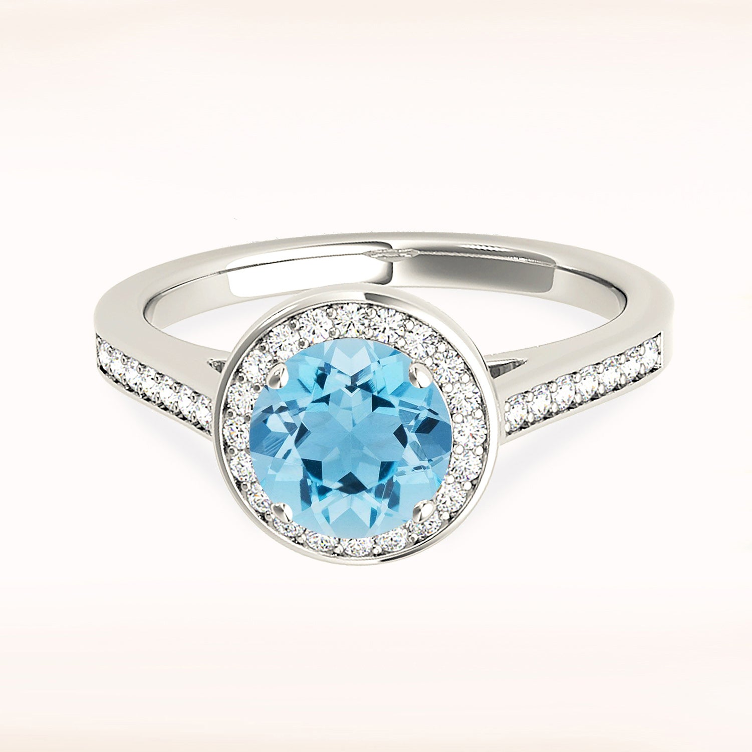 1.10 ct. Genuine Aquamarine Ring With 0.25 ctw. Diamond Bezel Set Halo and Delicate Diamond Band | Round Blue Aquamarine Halo Ring-in 14K/18K White, Yellow, Rose Gold and Platinum - Christmas Jewelry Gift -VIRABYANI