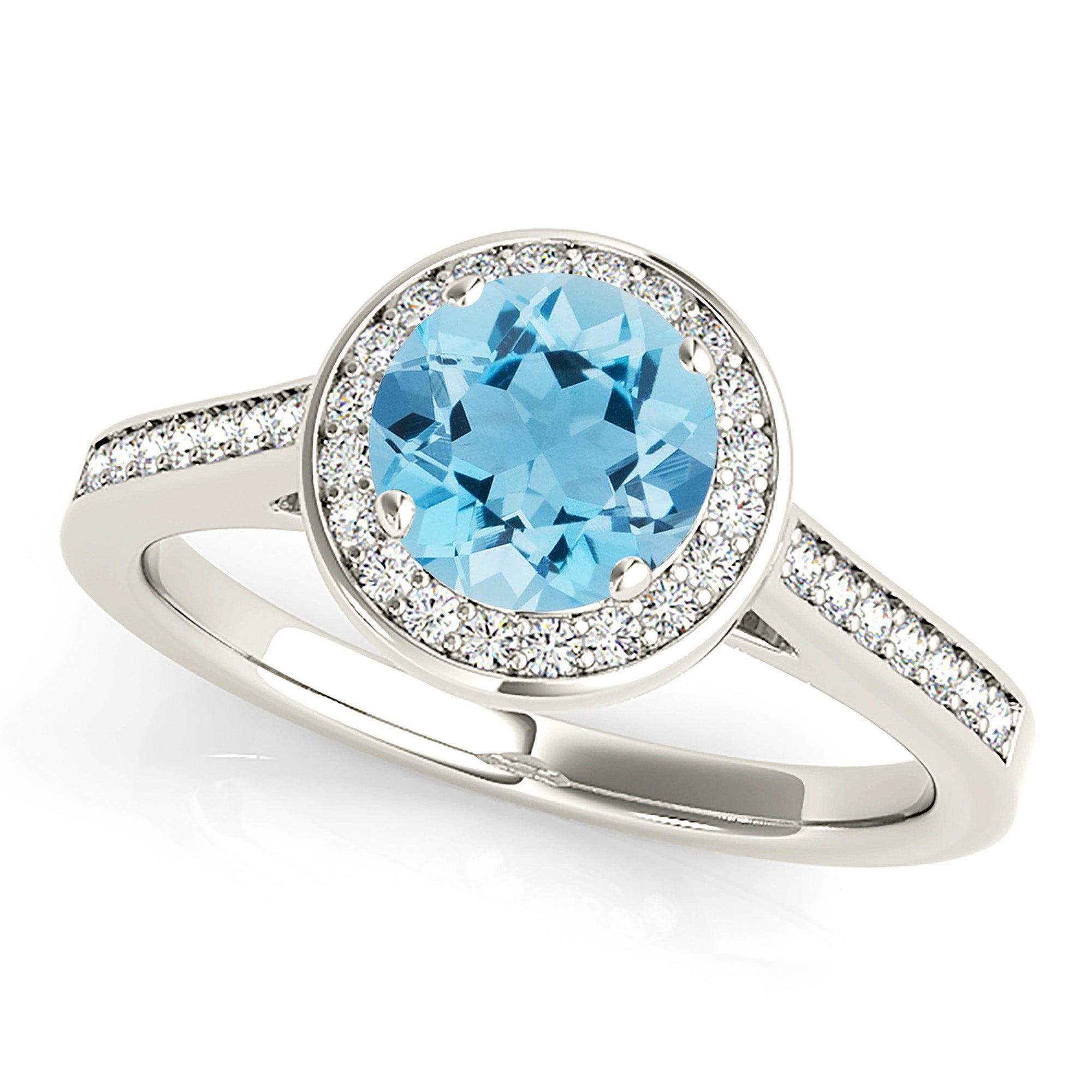 1.10 ct. Genuine Aquamarine Ring With 0.25 ctw. Diamond Bezel Set Halo and Delicate Diamond Band | Round Blue Aquamarine Halo Ring-VIRABYANI