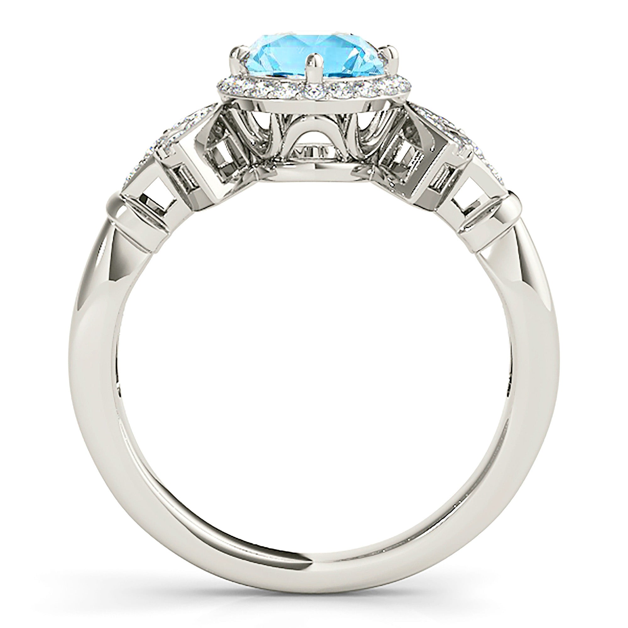 1.63 ct. Genuine Aquamarine Ring With 0.25 ctw. Diamond Halo And Fancy Diamond Band, Hand Carved Basket | Round Blue Aquamarine Halo Ring-VIRABYANI