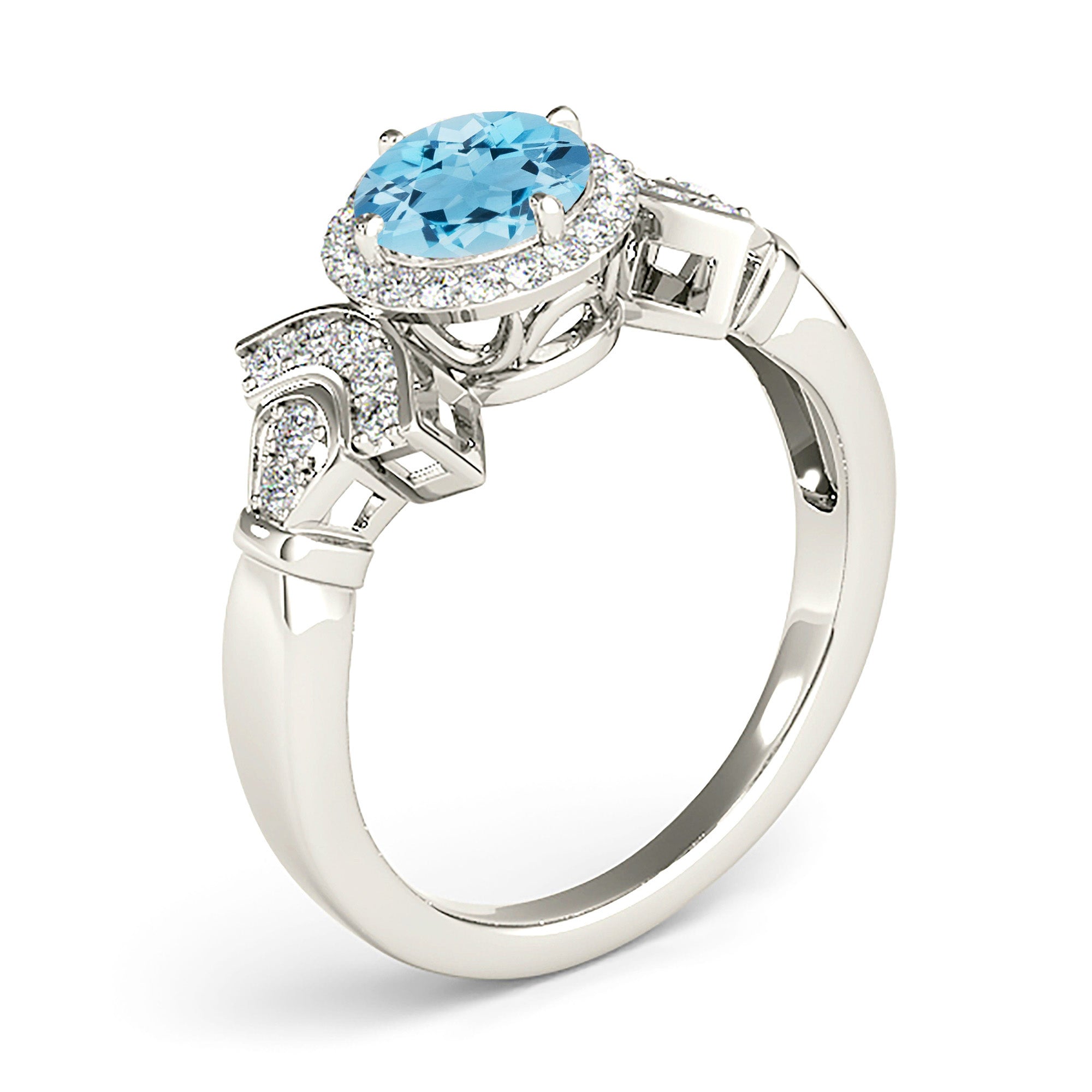 1.63 ct. Genuine Aquamarine Ring With 0.25 ctw. Diamond Halo And Fancy Diamond Band, Hand Carved Basket | Round Blue Aquamarine Halo Ring-VIRABYANI