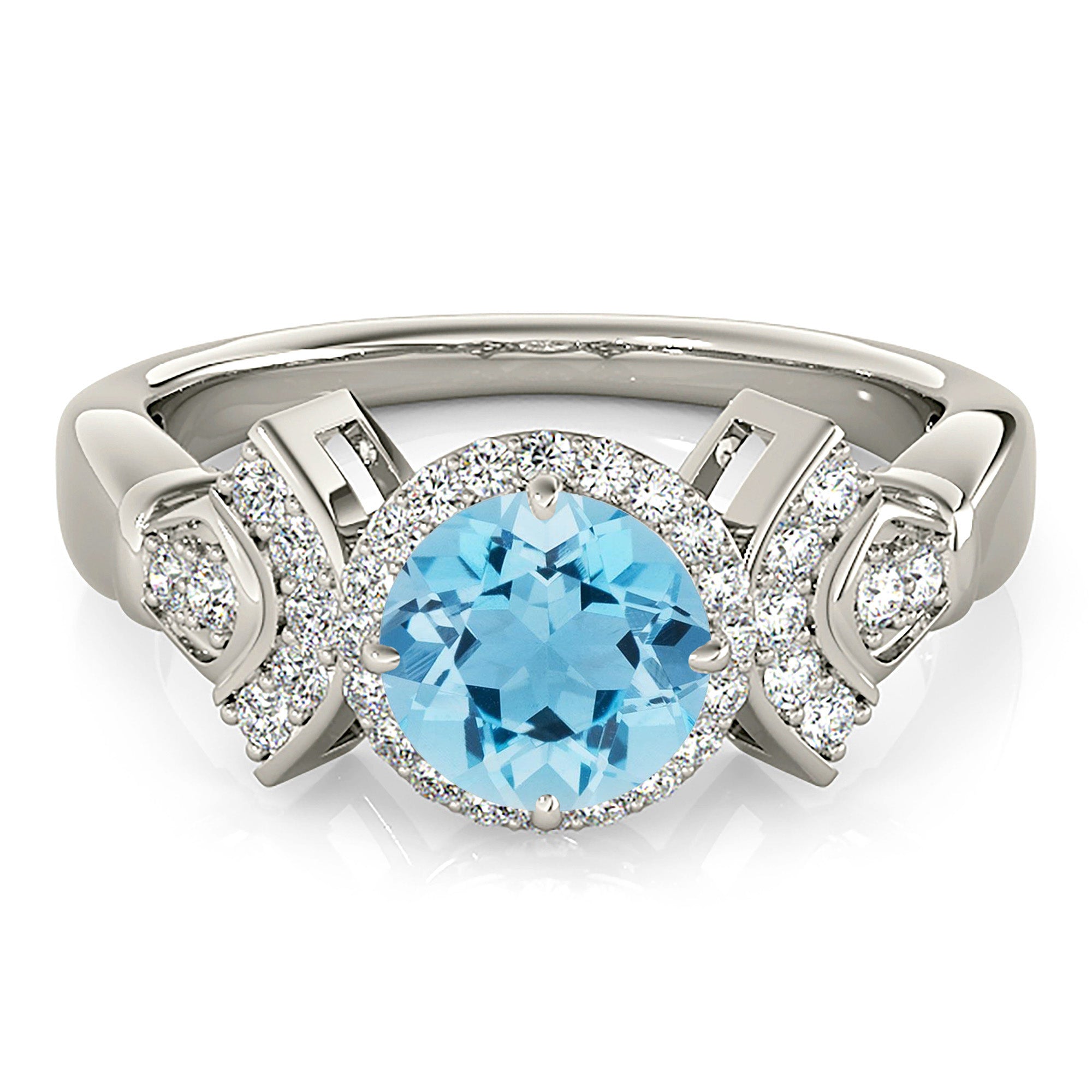 1.63 ct. Genuine Aquamarine Ring With 0.25 ctw. Diamond Halo And Fancy Diamond Band, Hand Carved Basket | Round Blue Aquamarine Halo Ring-VIRABYANI