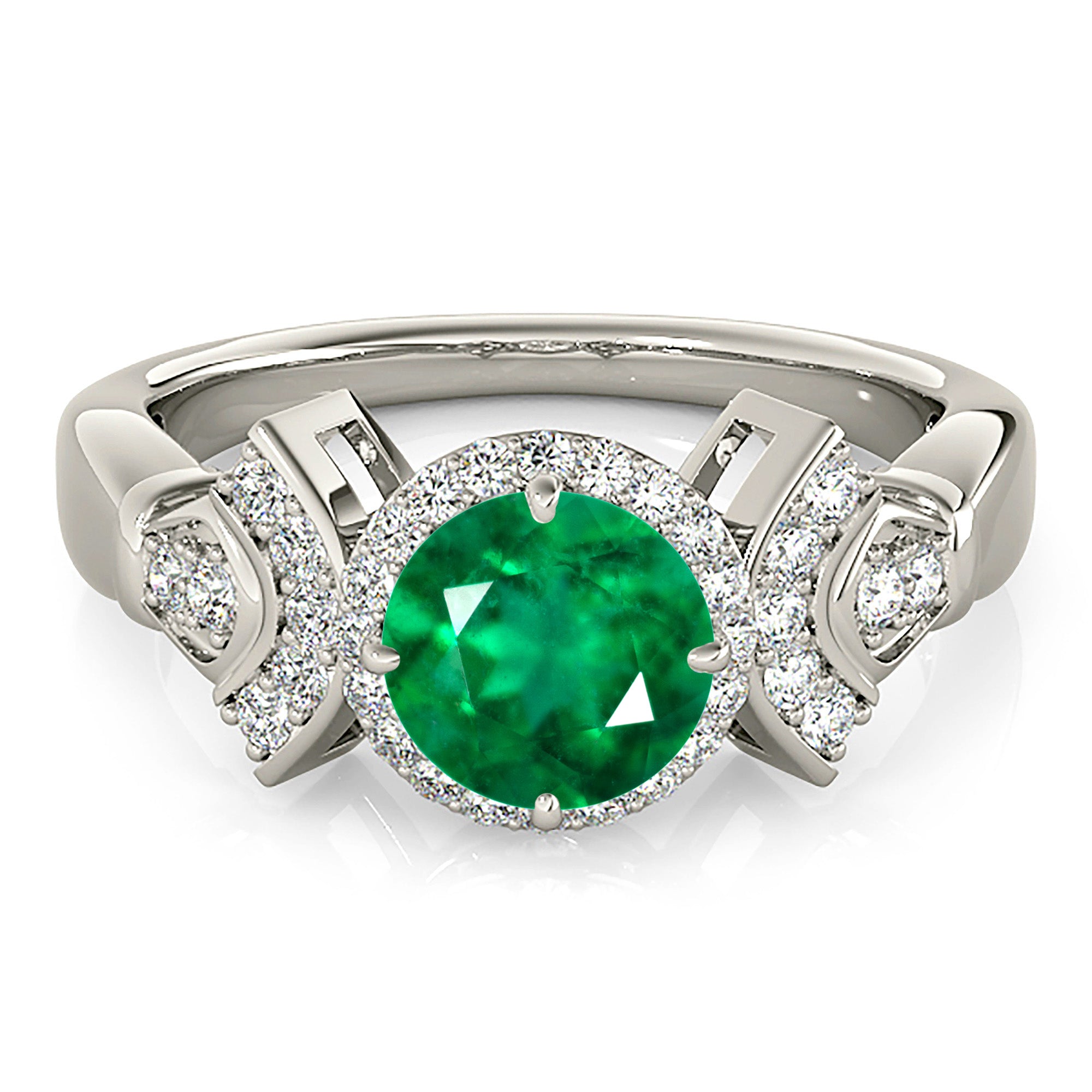 1.68 ct. Genuine Emerald Ring With 0.25 ctw. Diamond Halo and Fancy Design Diamond Band-VIRABYANI