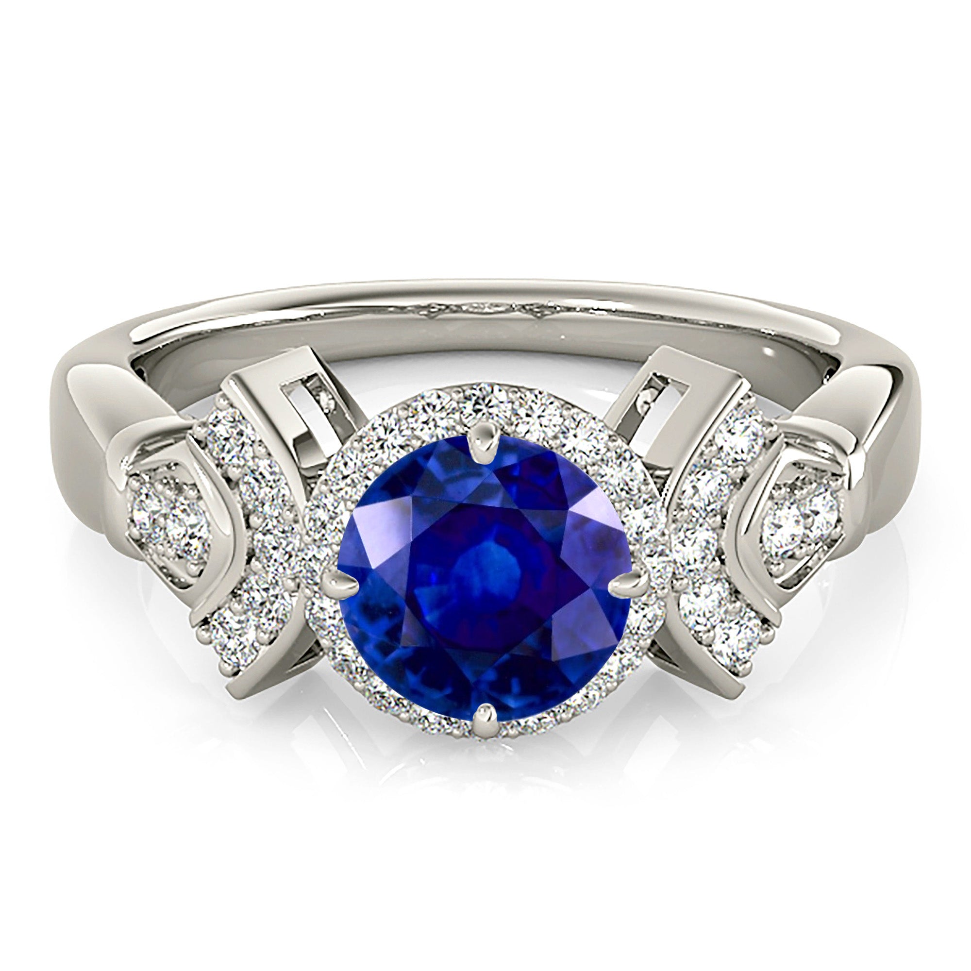 1.46 ct. Genuine Blue Sapphire Halo Ring Special Designed with 0.25 ctw. Side Diamonds-VIRABYANI