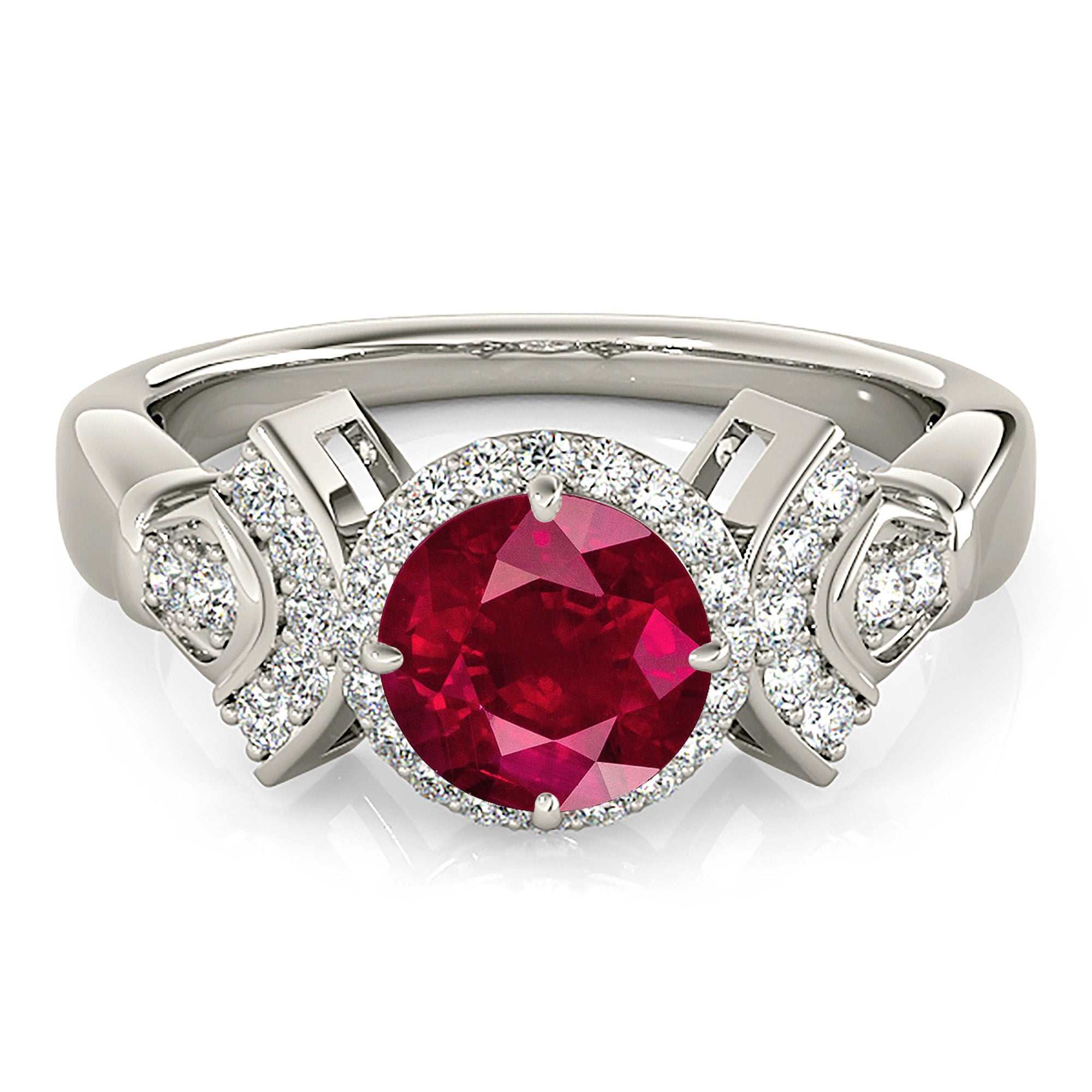 1.45 ct. Genuine Ruby Ring With 0.25 ctw. Diamond Halo And Fancy Design Diamond Band-VIRABYANI