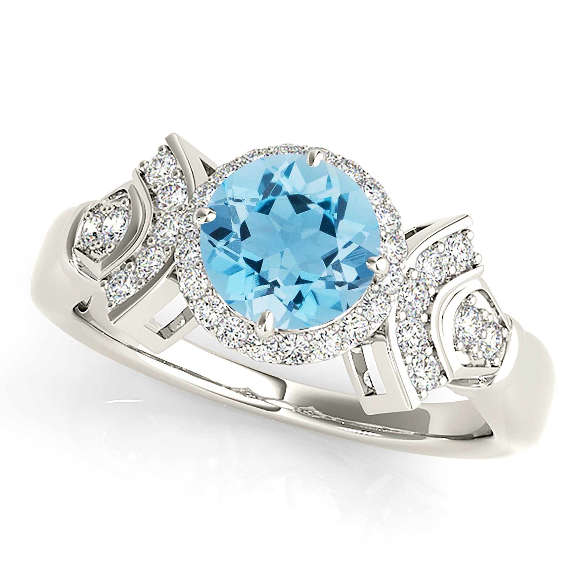 1.63 ct. Genuine Aquamarine Ring With 0.25 ctw. Diamond Halo And Fancy Diamond Band, Hand Carved Basket | Round Blue Aquamarine Halo Ring-VIRABYANI