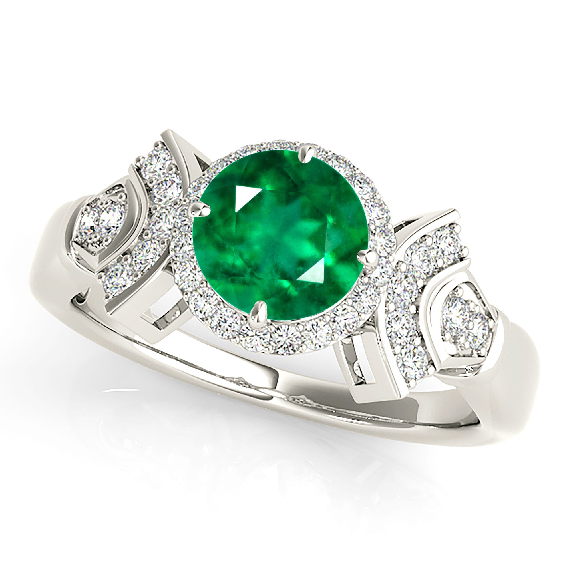 1.68 ct. Genuine Emerald Ring With 0.25 ctw. Diamond Halo and Fancy Design Diamond Band-VIRABYANI