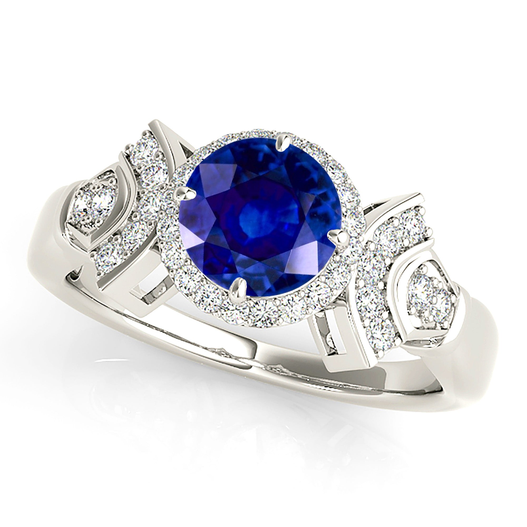 1.46 ct. Genuine Blue Sapphire Halo Ring Special Designed with 0.25 ctw. Side Diamonds-VIRABYANI