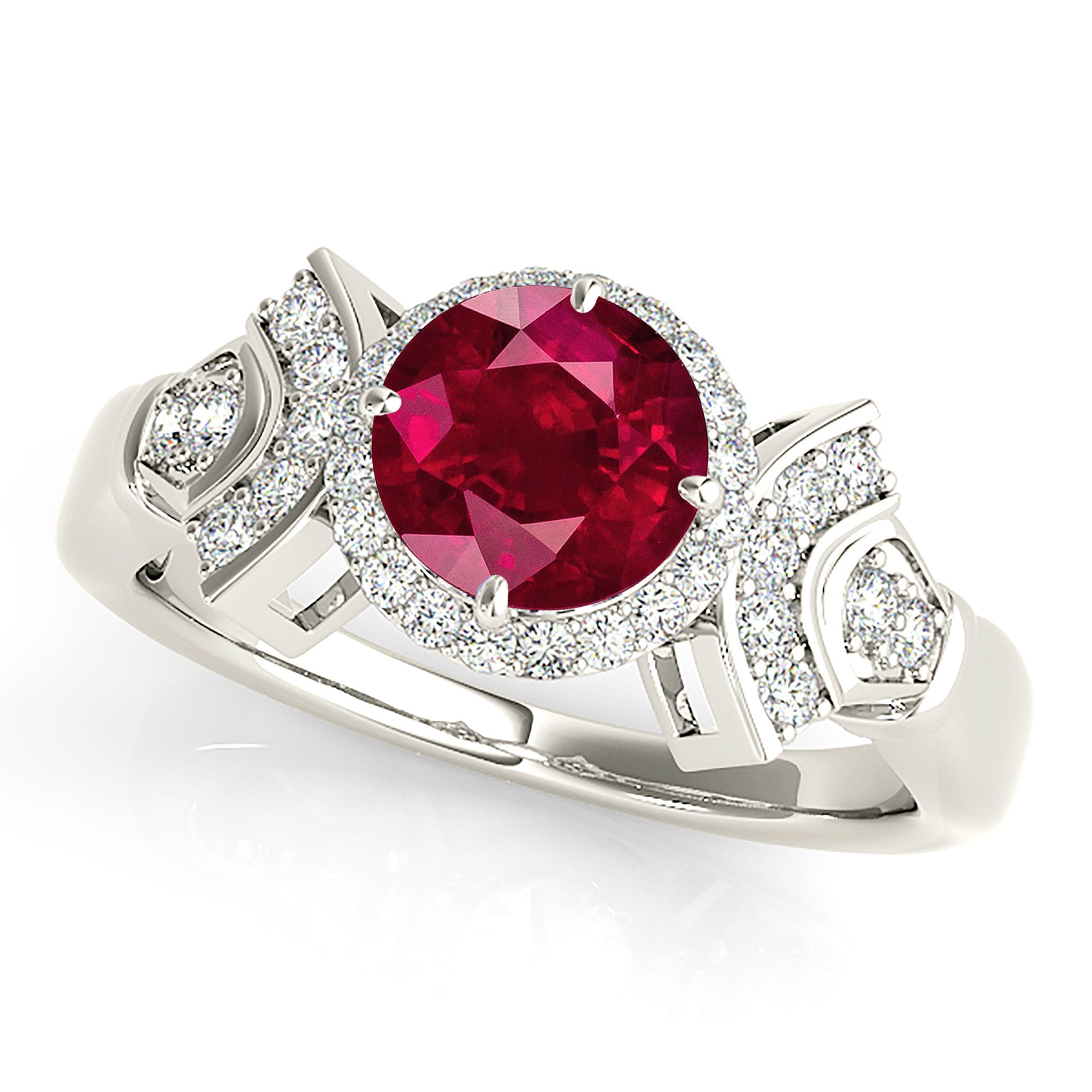 1.45 ct. Genuine Ruby Ring With 0.25 ctw. Diamond Halo And Fancy Design Diamond Band-VIRABYANI