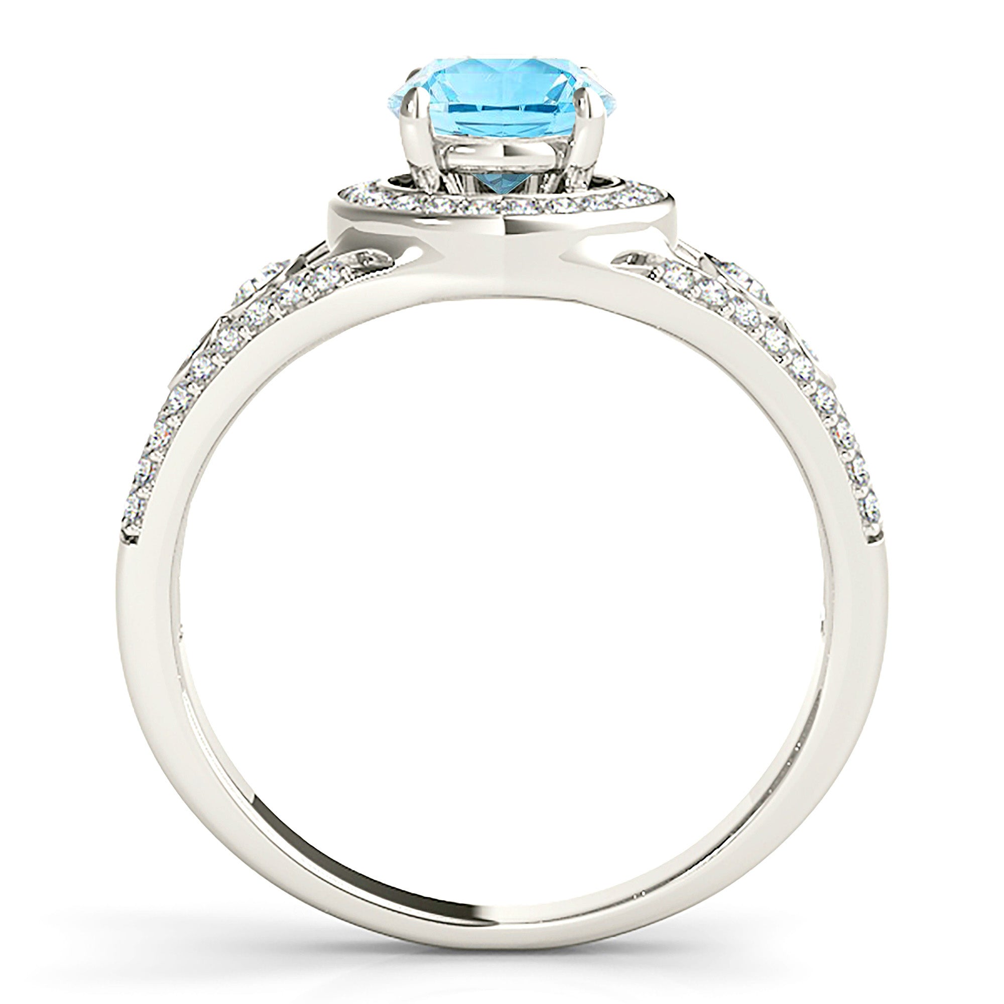 1.10 ct. Genuine Aquamarine Ring With 0.35 ctw. Diamond Halo and V Shape Band With Accent Diamonds| Round Blue Aquamarine Halo Ring-VIRABYANI