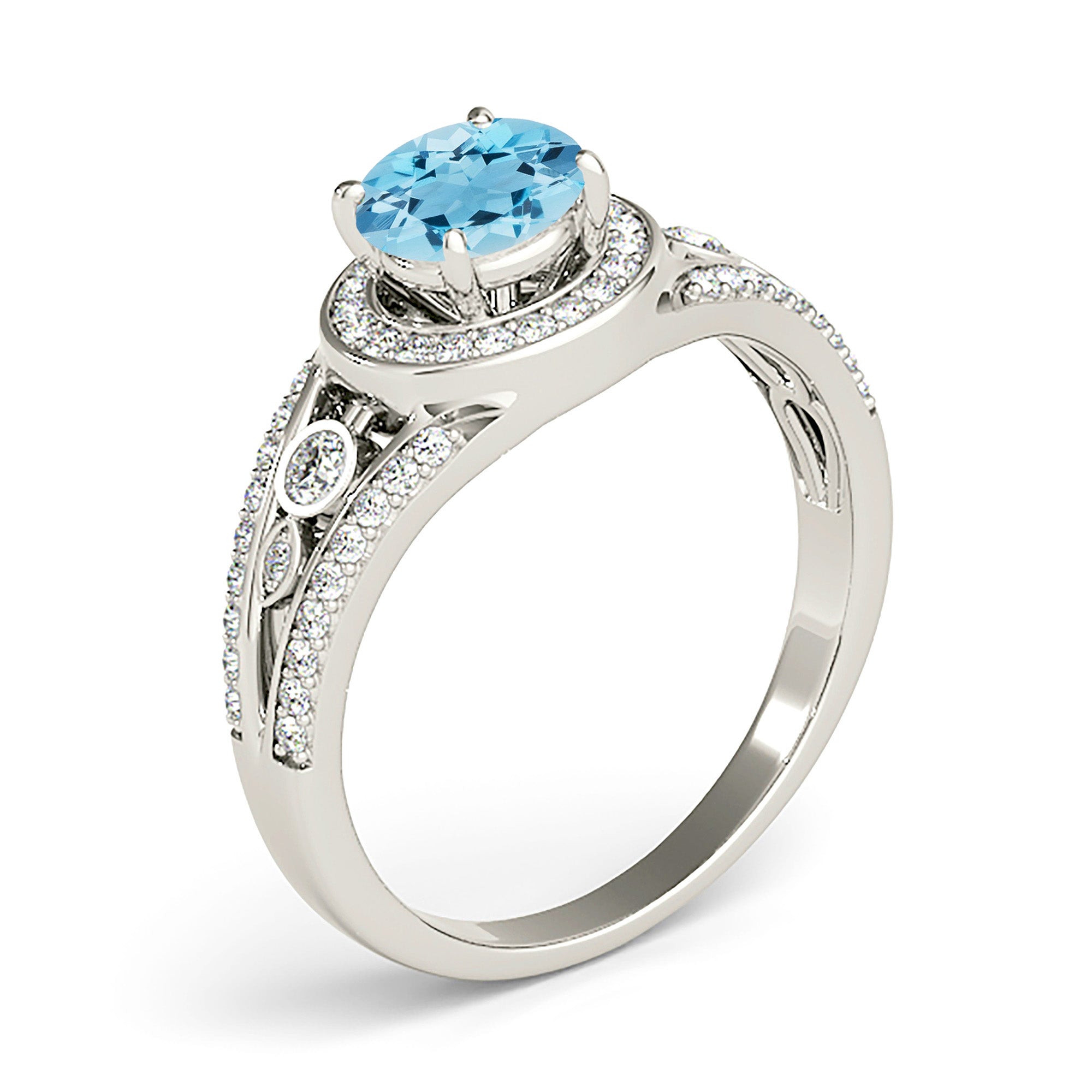 1.10 ct. Genuine Aquamarine Ring With 0.35 ctw. Diamond Halo and V Shape Band With Accent Diamonds| Round Blue Aquamarine Halo Ring-VIRABYANI
