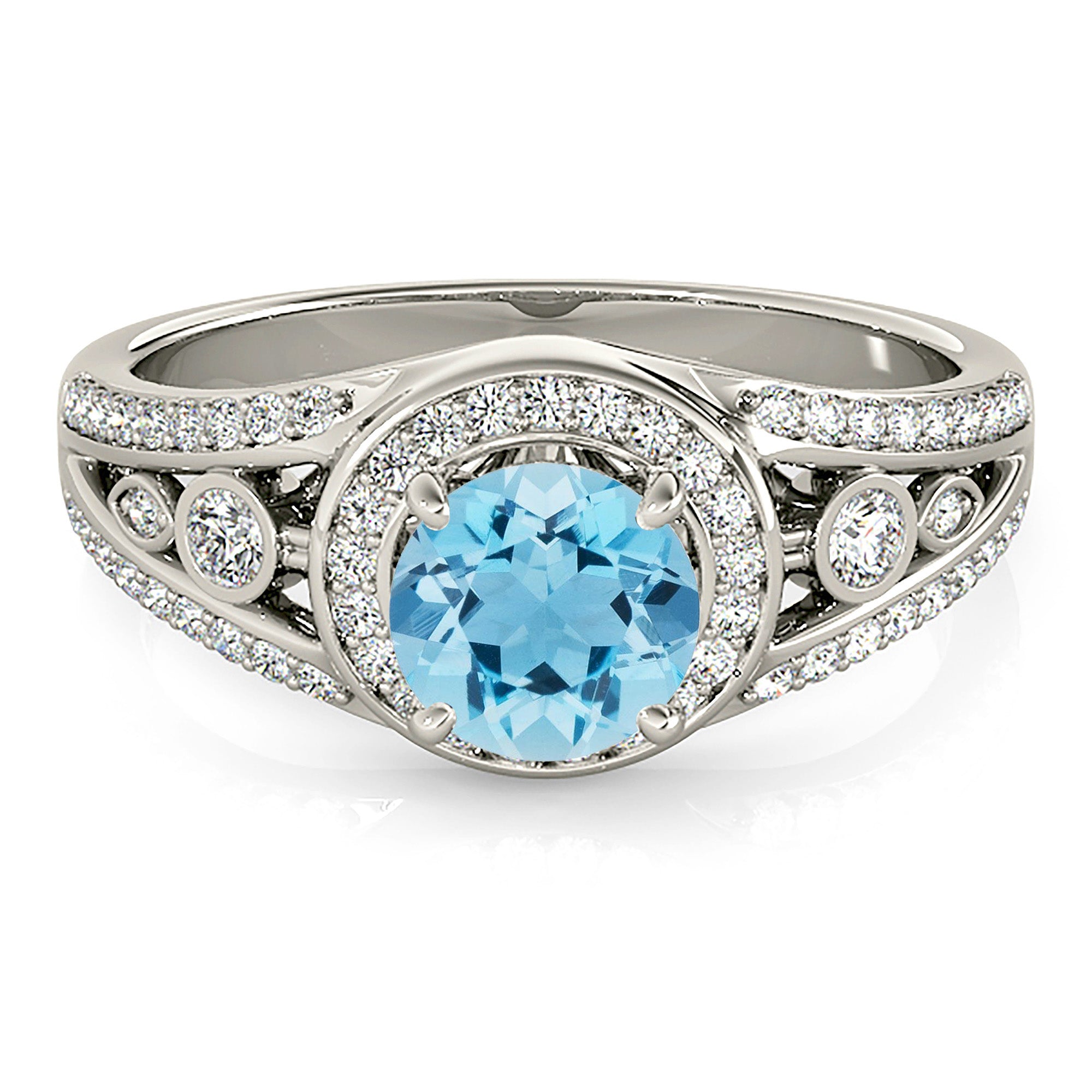 1.10 ct. Genuine Aquamarine Ring With 0.35 ctw. Diamond Halo and V Shape Band With Accent Diamonds| Round Blue Aquamarine Halo Ring-VIRABYANI