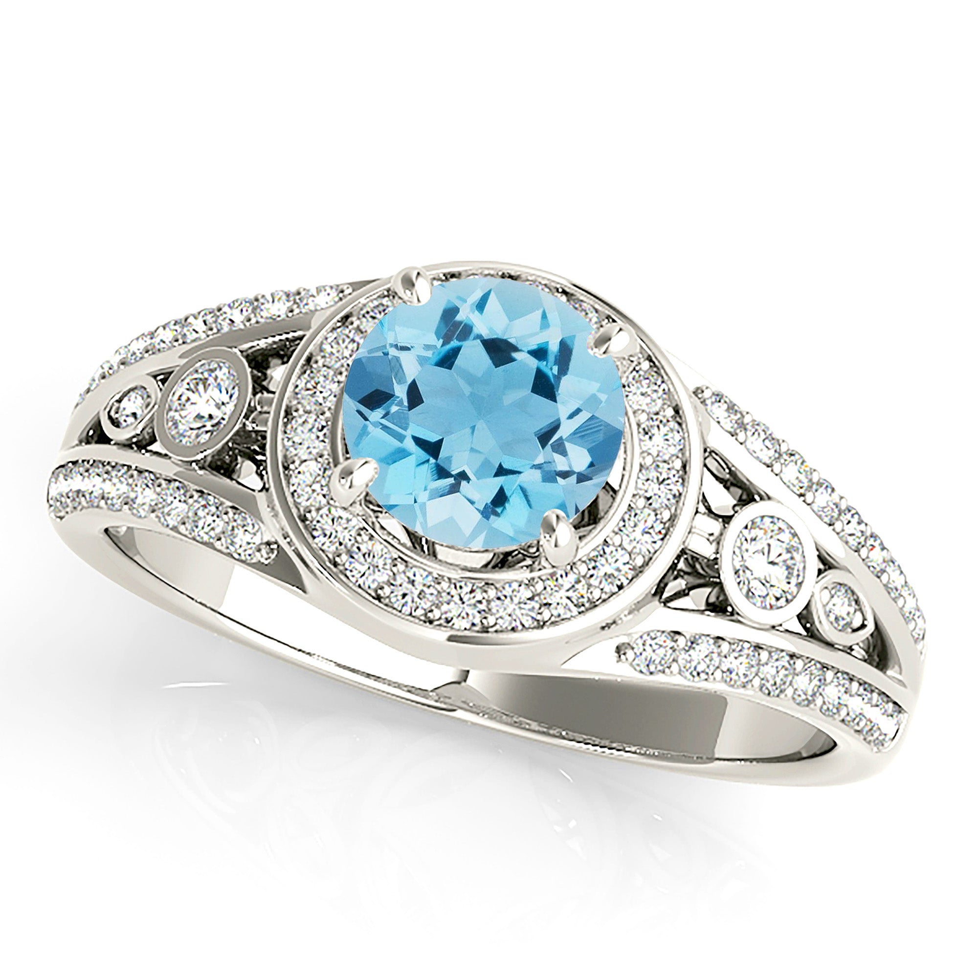 1.10 ct. Genuine Aquamarine Ring With 0.35 ctw. Diamond Halo and V Shape Band With Accent Diamonds| Round Blue Aquamarine Halo Ring-VIRABYANI