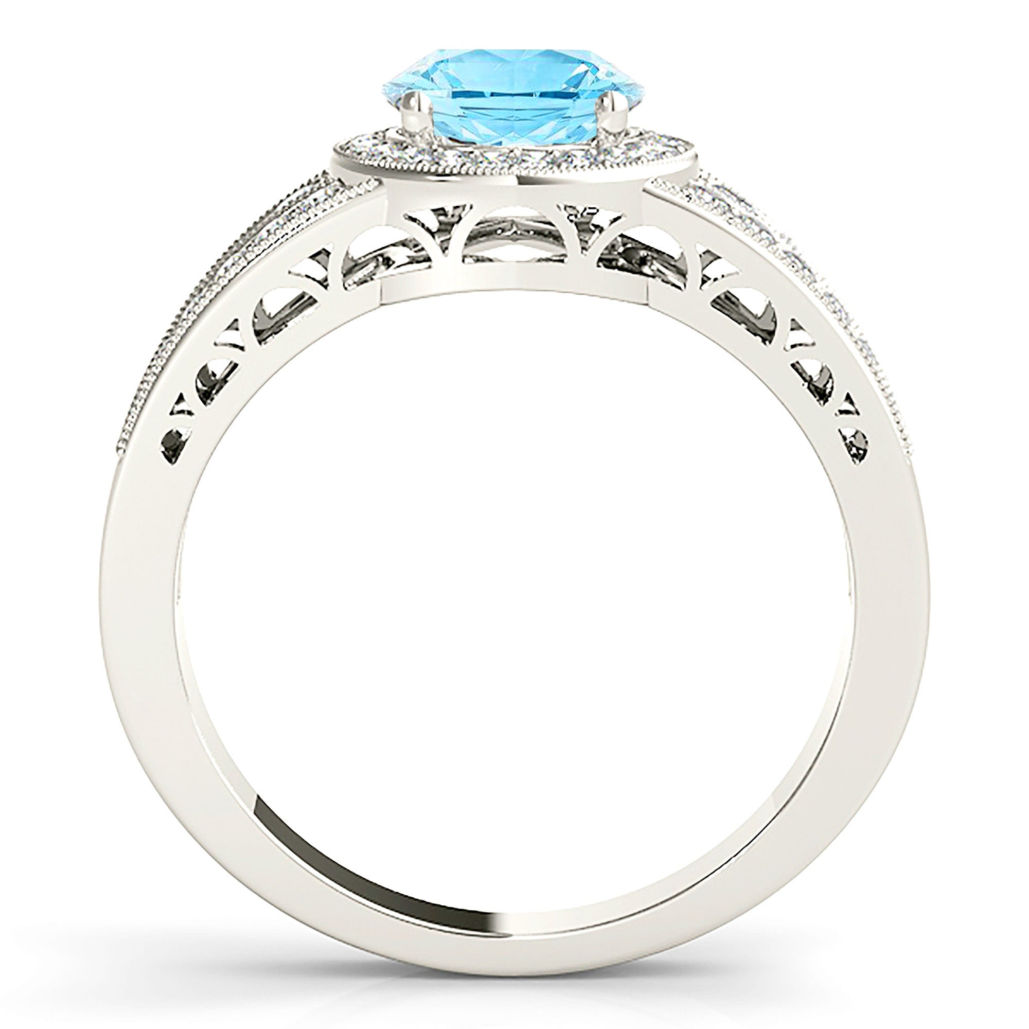 1.10 ct. Genuine Aquamarine Ring With 0.40 ctw. Diamond Halo, Graduating Diamond Band, Hand Carved Gallery| Round Blue Aquamarine Halo Ring-VIRABYANI