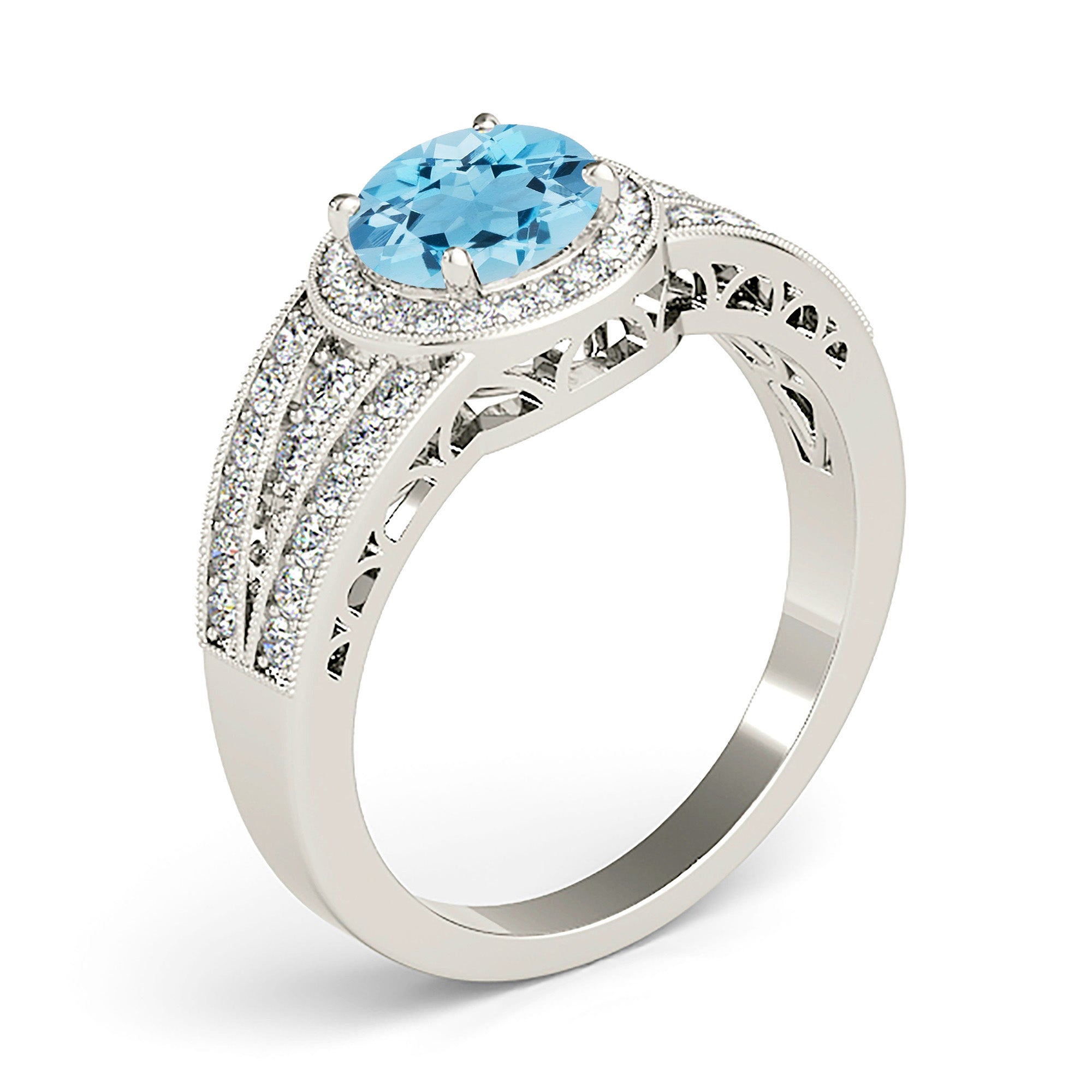 1.10 ct. Genuine Aquamarine Ring With 0.40 ctw. Diamond Halo, Graduating Diamond Band, Hand Carved Gallery| Round Blue Aquamarine Halo Ring-VIRABYANI