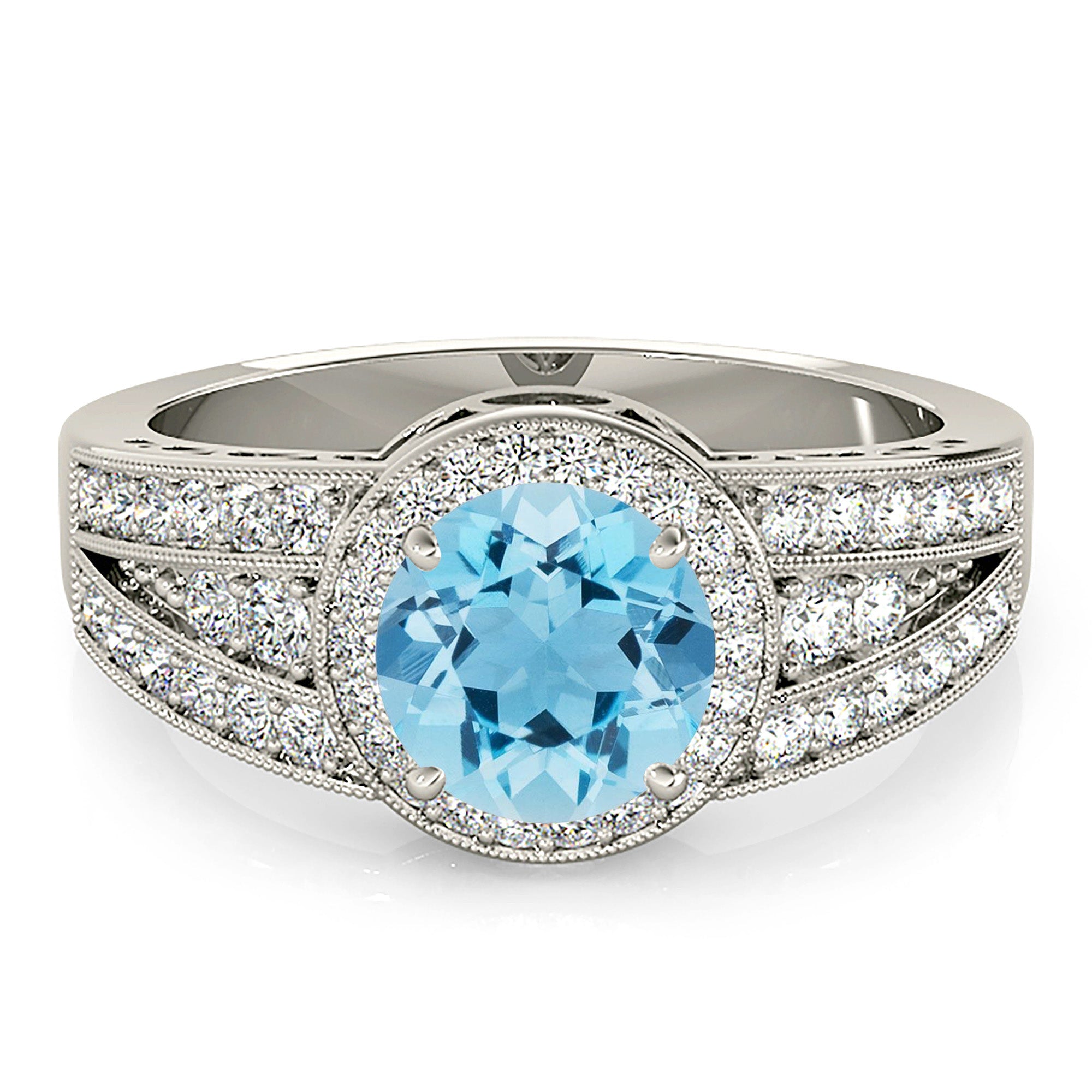 1.10 ct. Genuine Aquamarine Ring With 0.40 ctw. Diamond Halo, Graduating Diamond Band, Hand Carved Gallery| Round Blue Aquamarine Halo Ring-VIRABYANI