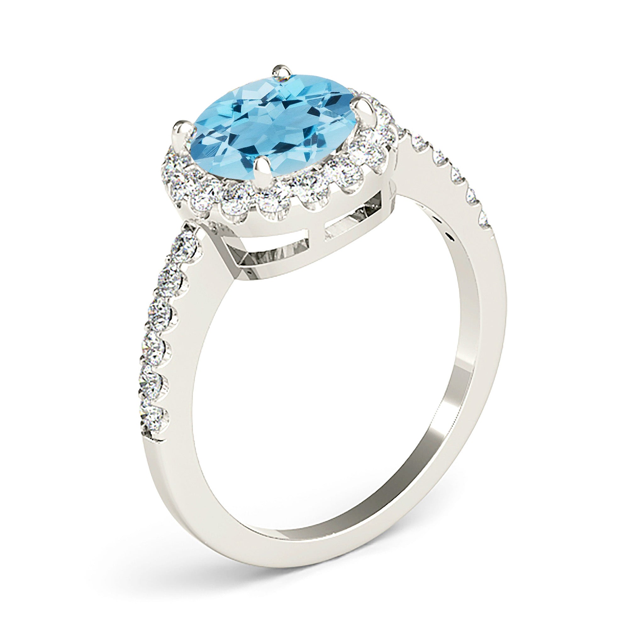 2.00 ct. Genuine Aquamarine Ring With 0.45 ctw. Diamond Halo, Delicate Thin Diamond Band | Round Blue Aquamarine Halo Ring-VIRABYANI