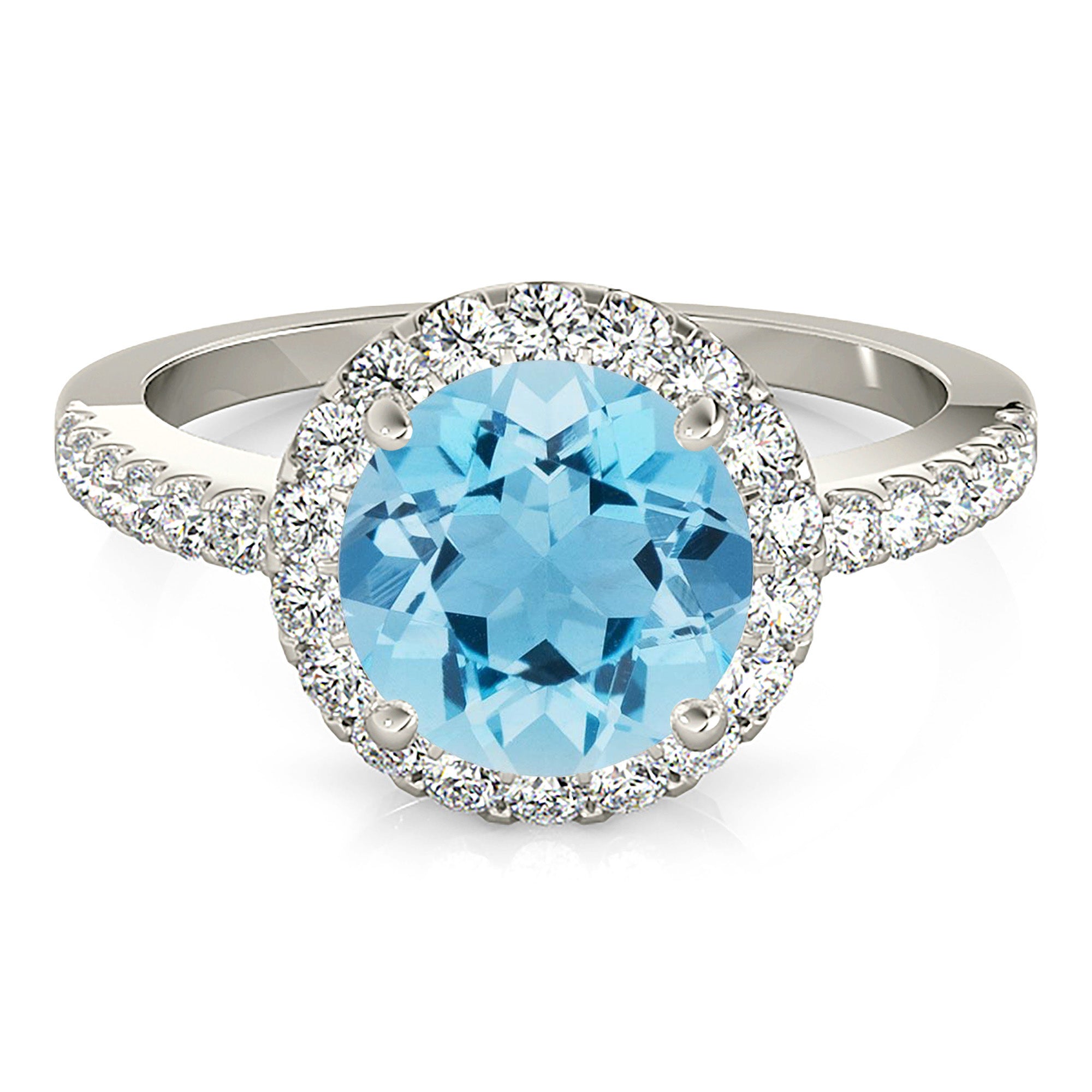 2.00 ct. Genuine Aquamarine Ring With 0.45 ctw. Diamond Halo, Delicate Thin Diamond Band | Round Blue Aquamarine Halo Ring-VIRABYANI