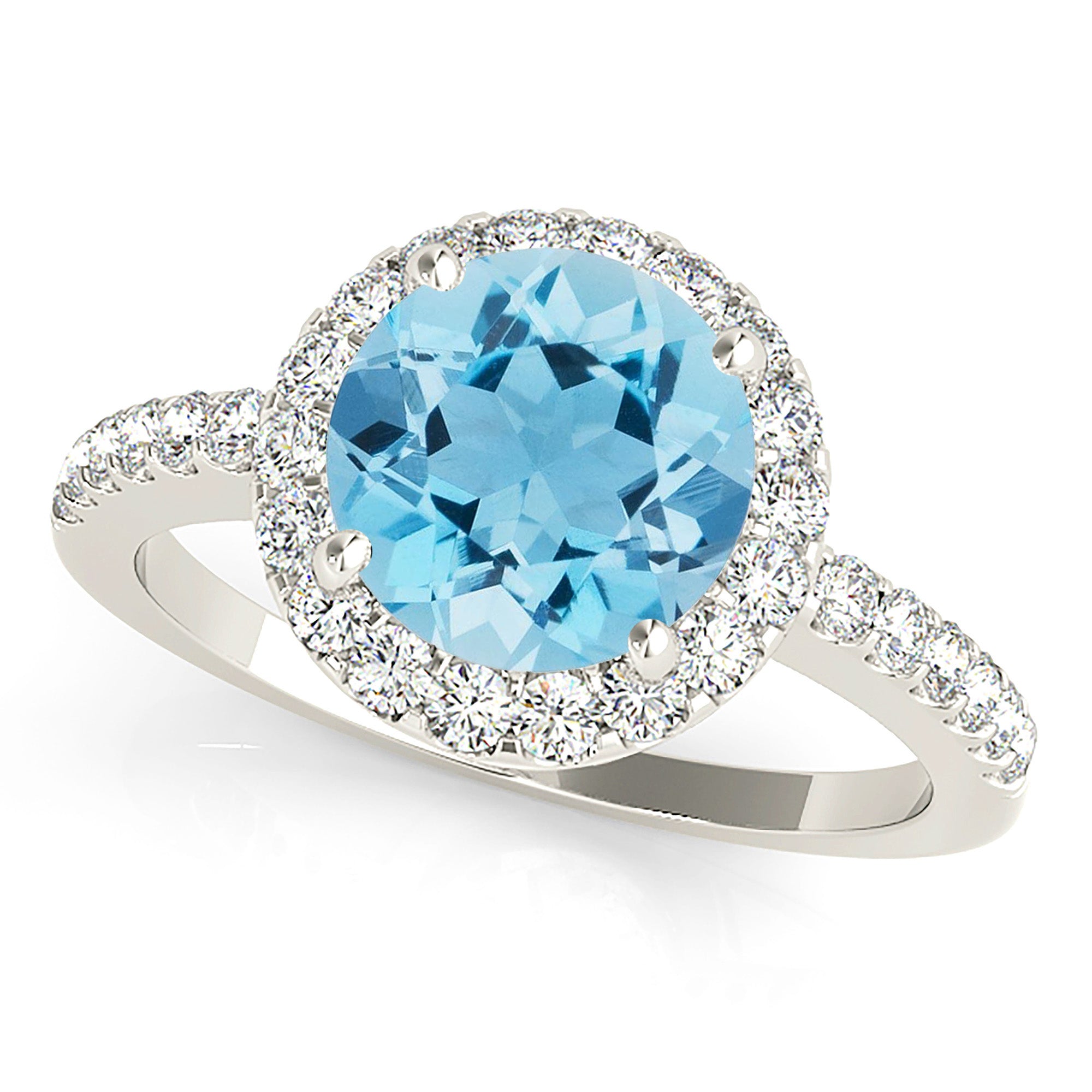 2.00 ct. Genuine Aquamarine Ring With 0.45 ctw. Diamond Halo, Delicate Thin Diamond Band | Round Blue Aquamarine Halo Ring-VIRABYANI