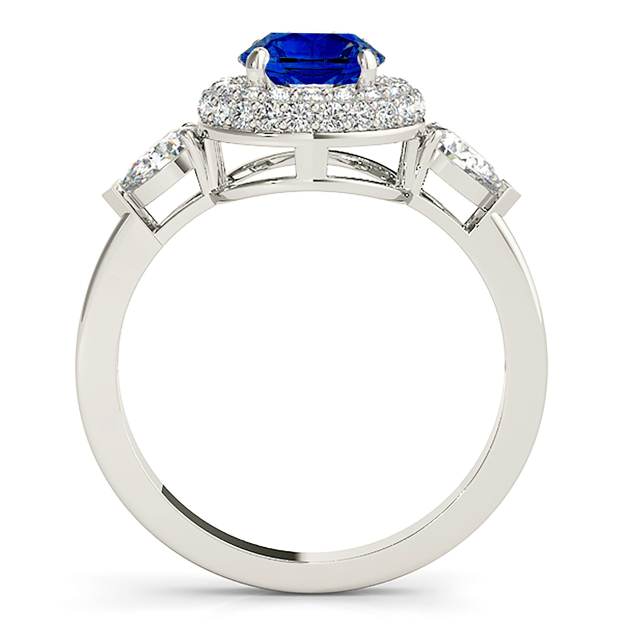 1.35 ct. Genuine Blue Sapphire Pave Set Halo Ring with 0.90 ctw. Round and Pear Shape Side Diamonds-VIRABYANI