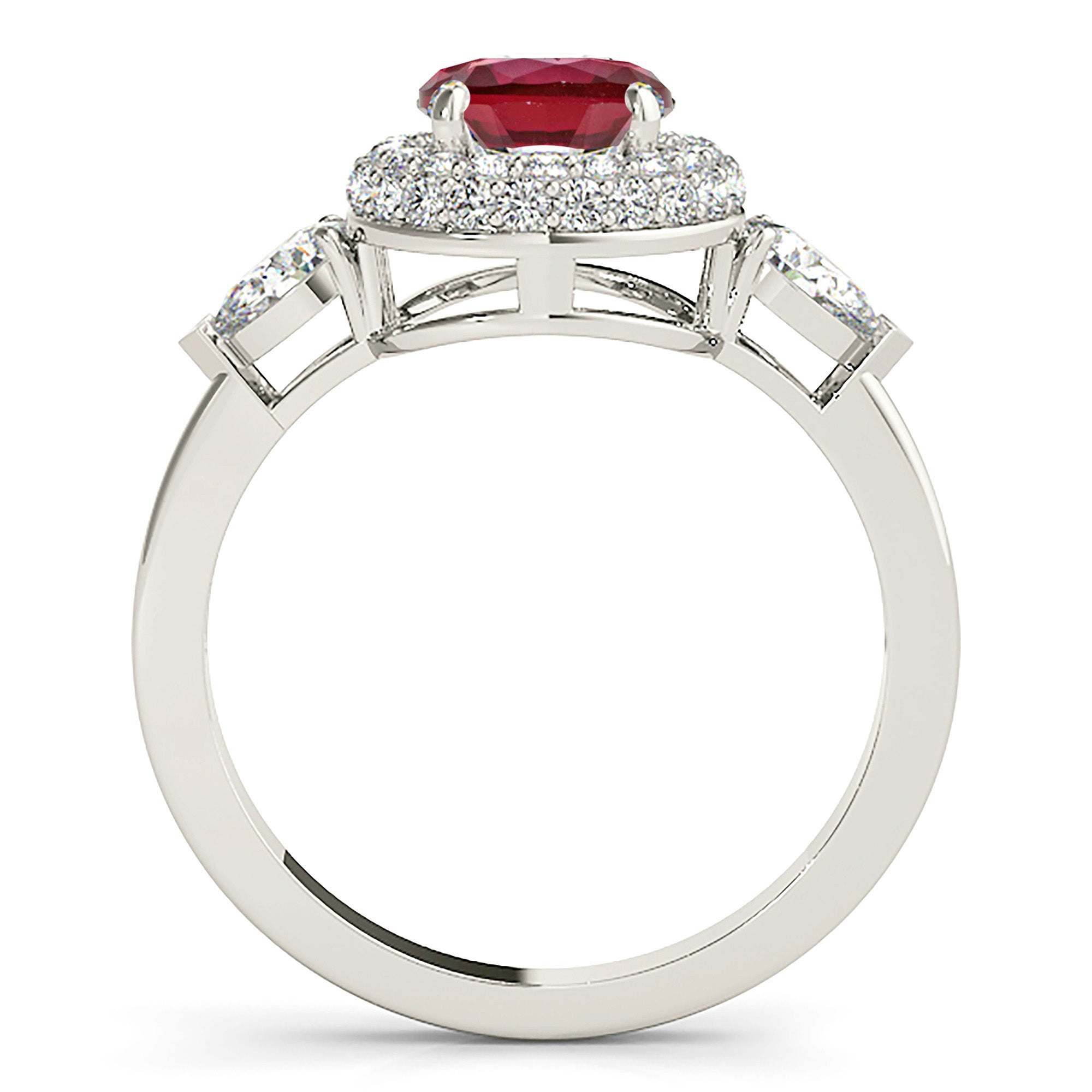 1.35 ct. Genuine Ruby Ring With 0.90 ctw. Diamond Halo And Side Accent Pear Shape Diamonds-VIRABYANI