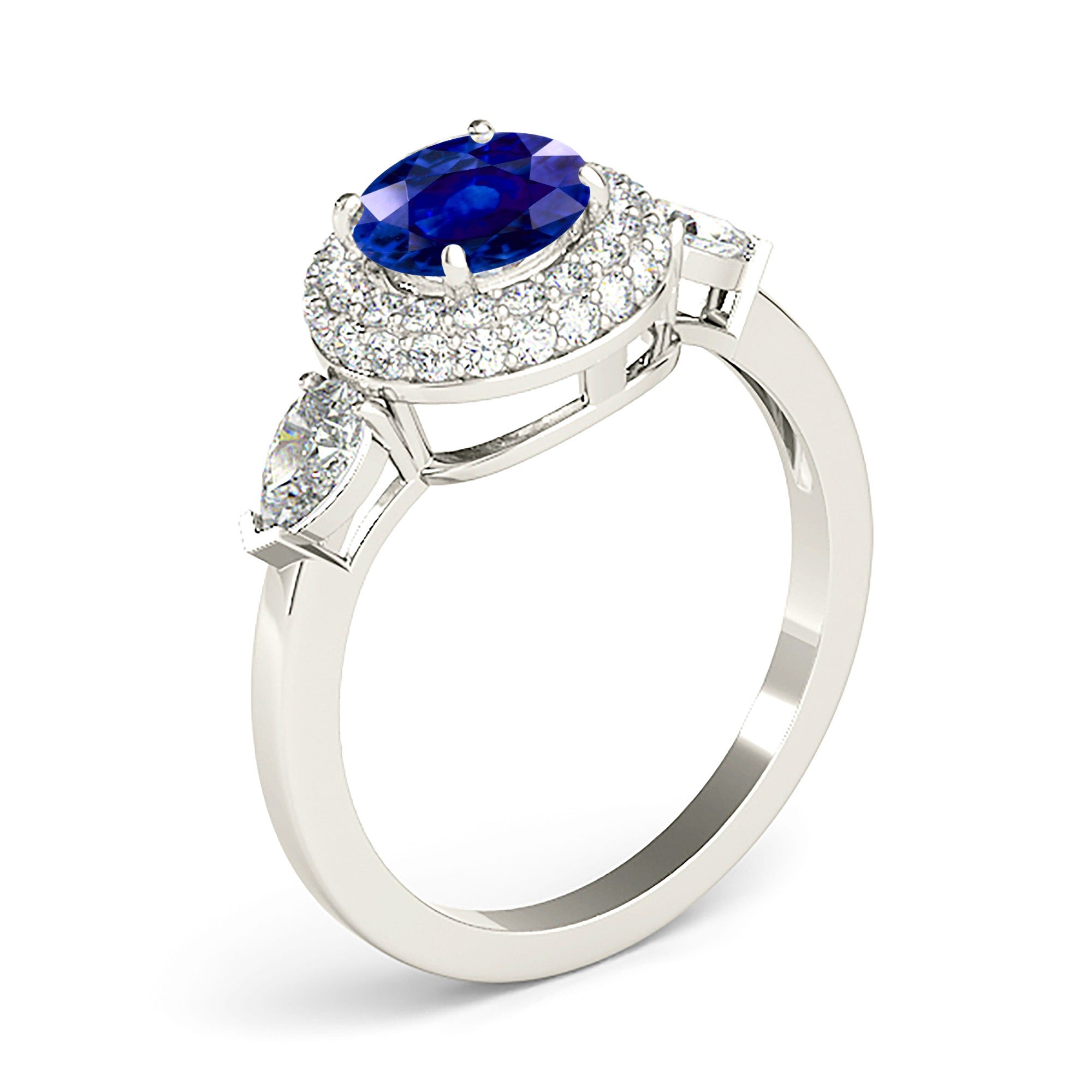 1.35 ct. Genuine Blue Sapphire Pave Set Halo Ring with 0.90 ctw. Round and Pear Shape Side Diamonds-VIRABYANI