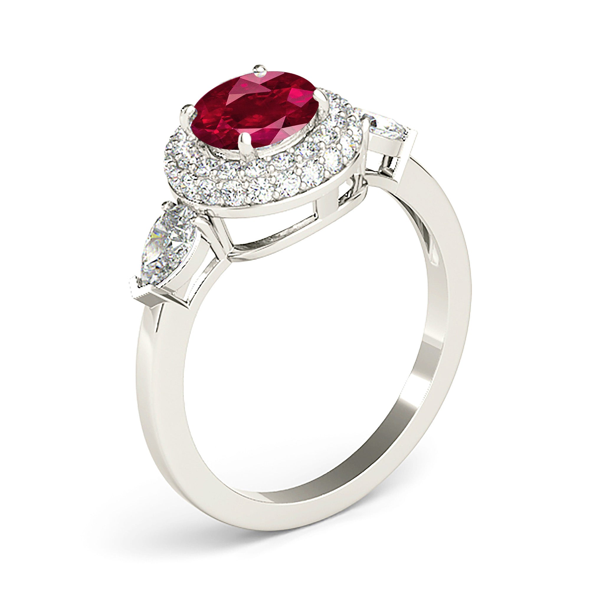 1.35 ct. Genuine Ruby Ring With 0.90 ctw. Diamond Halo And Side Accent Pear Shape Diamonds-VIRABYANI