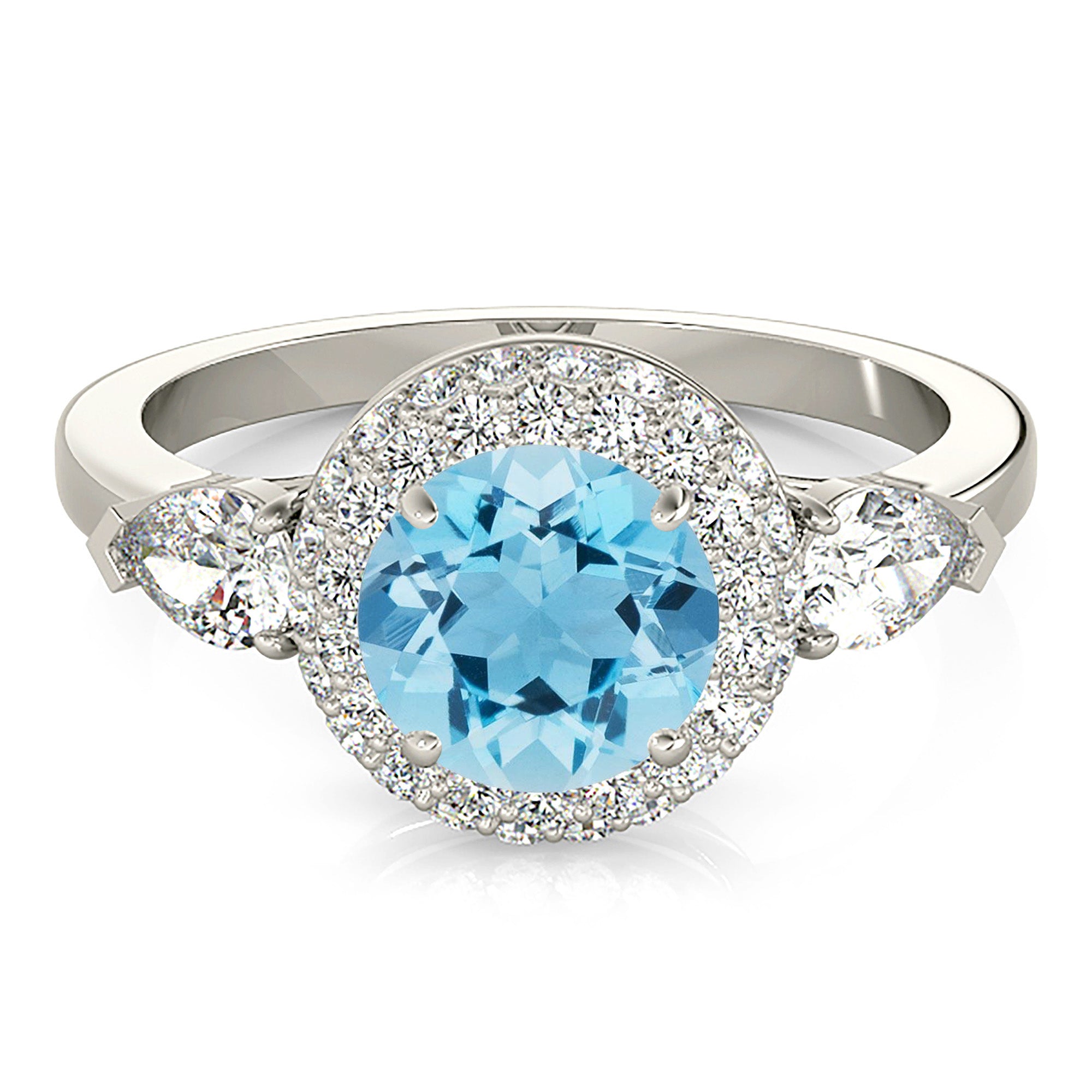 1.10 ct. Genuine Aquamarine Ring With 0.90 ctw. Diamond Double Edge Halo And Side Accent Diamonds-VIRABYANI