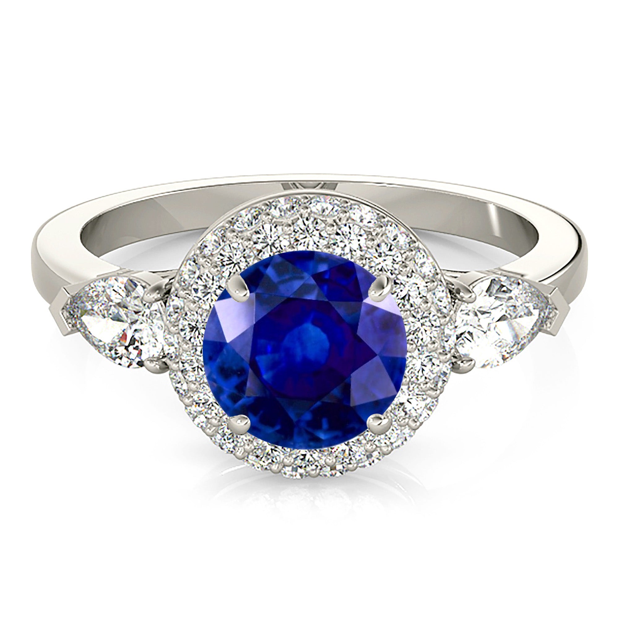 1.35 ct. Genuine Blue Sapphire Pave Set Halo Ring with 0.90 ctw. Round and Pear Shape Side Diamonds-VIRABYANI