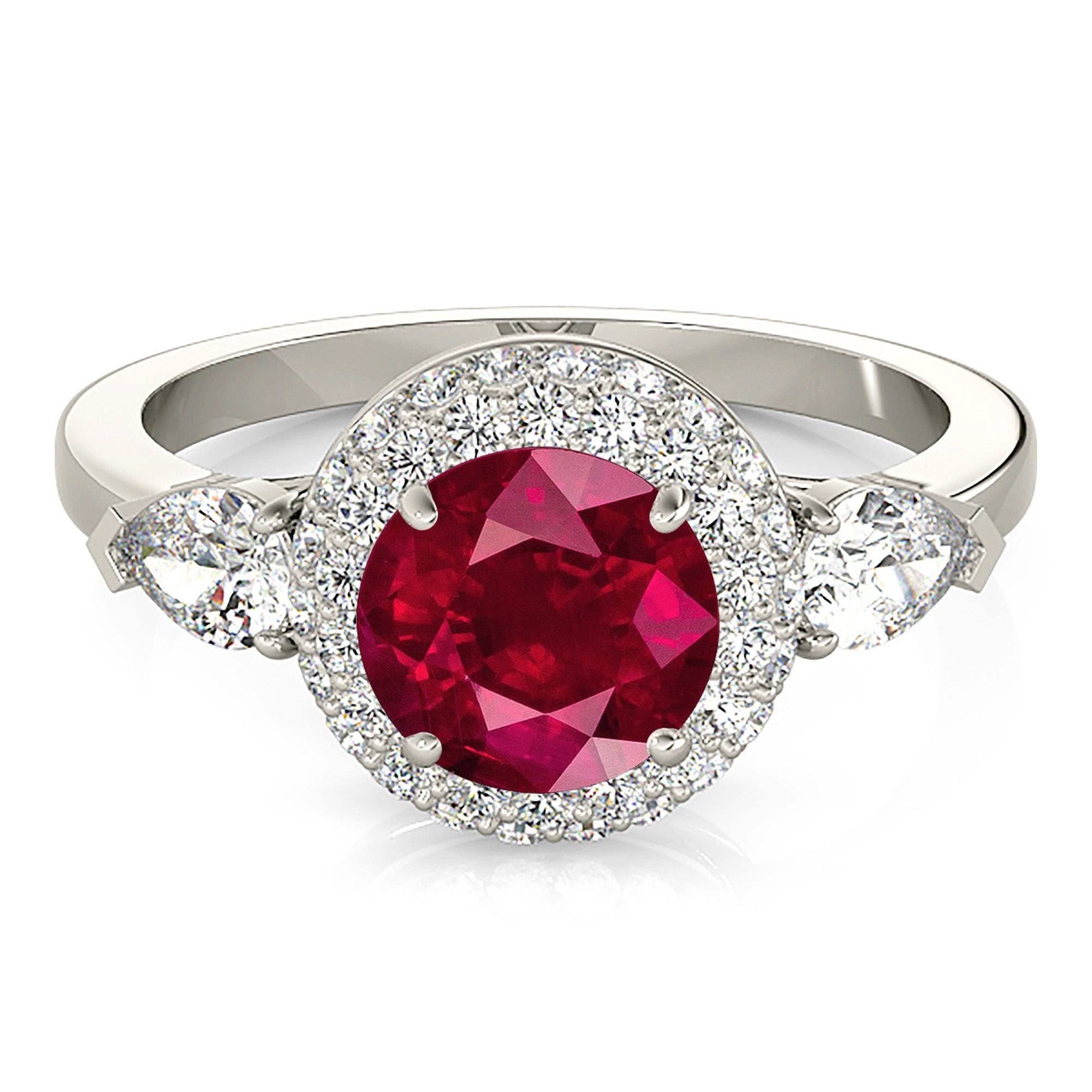 1.35 ct. Genuine Ruby Ring With 0.90 ctw. Diamond Halo And Side Accent Pear Shape Diamonds-VIRABYANI