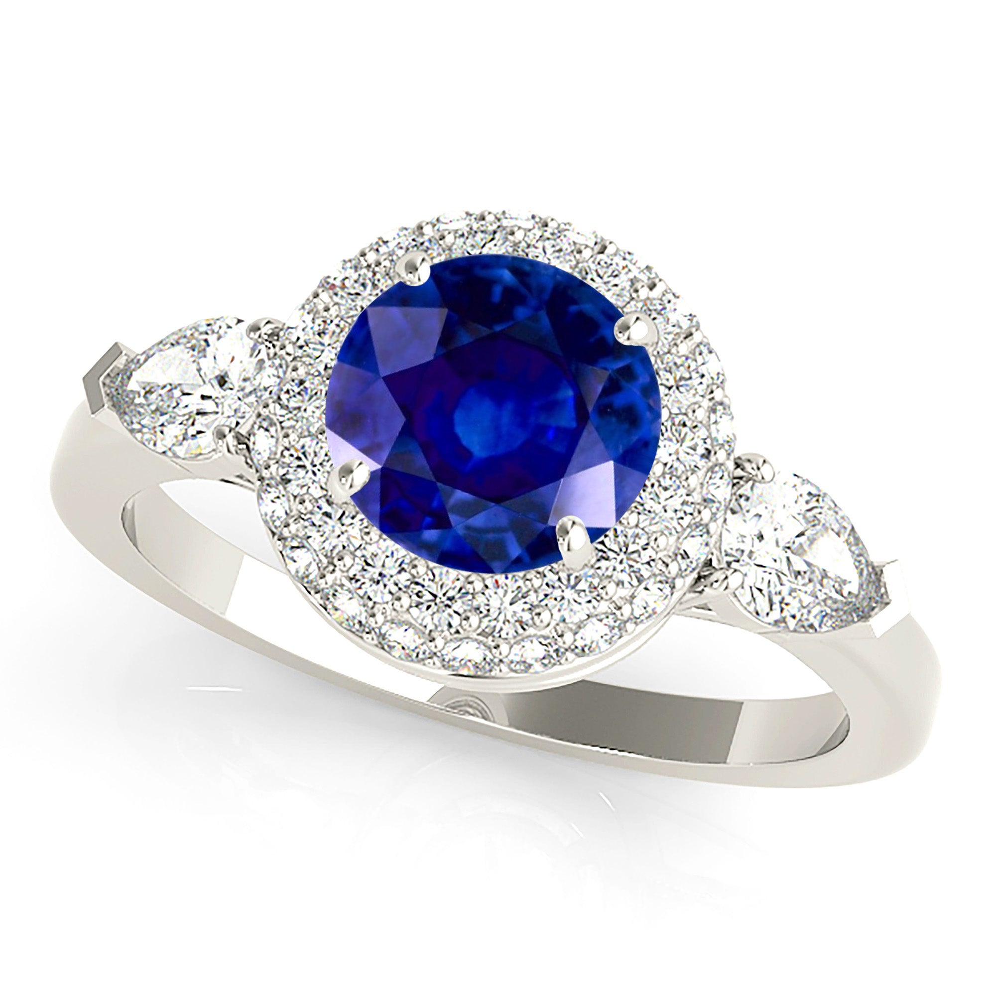 1.35 ct. Genuine Blue Sapphire Pave Set Halo Ring with 0.90 ctw. Round and Pear Shape Side Diamonds-VIRABYANI