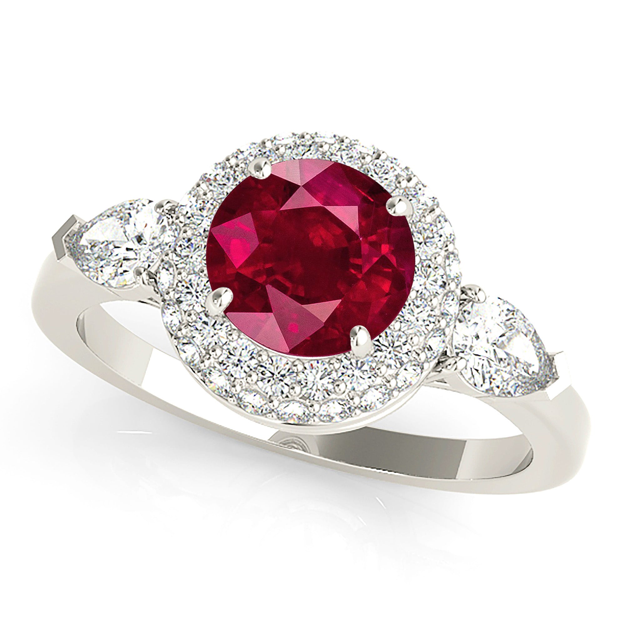 1.35 ct. Genuine Ruby Ring With 0.90 ctw. Diamond Halo And Side Accent Pear Shape Diamonds-VIRABYANI