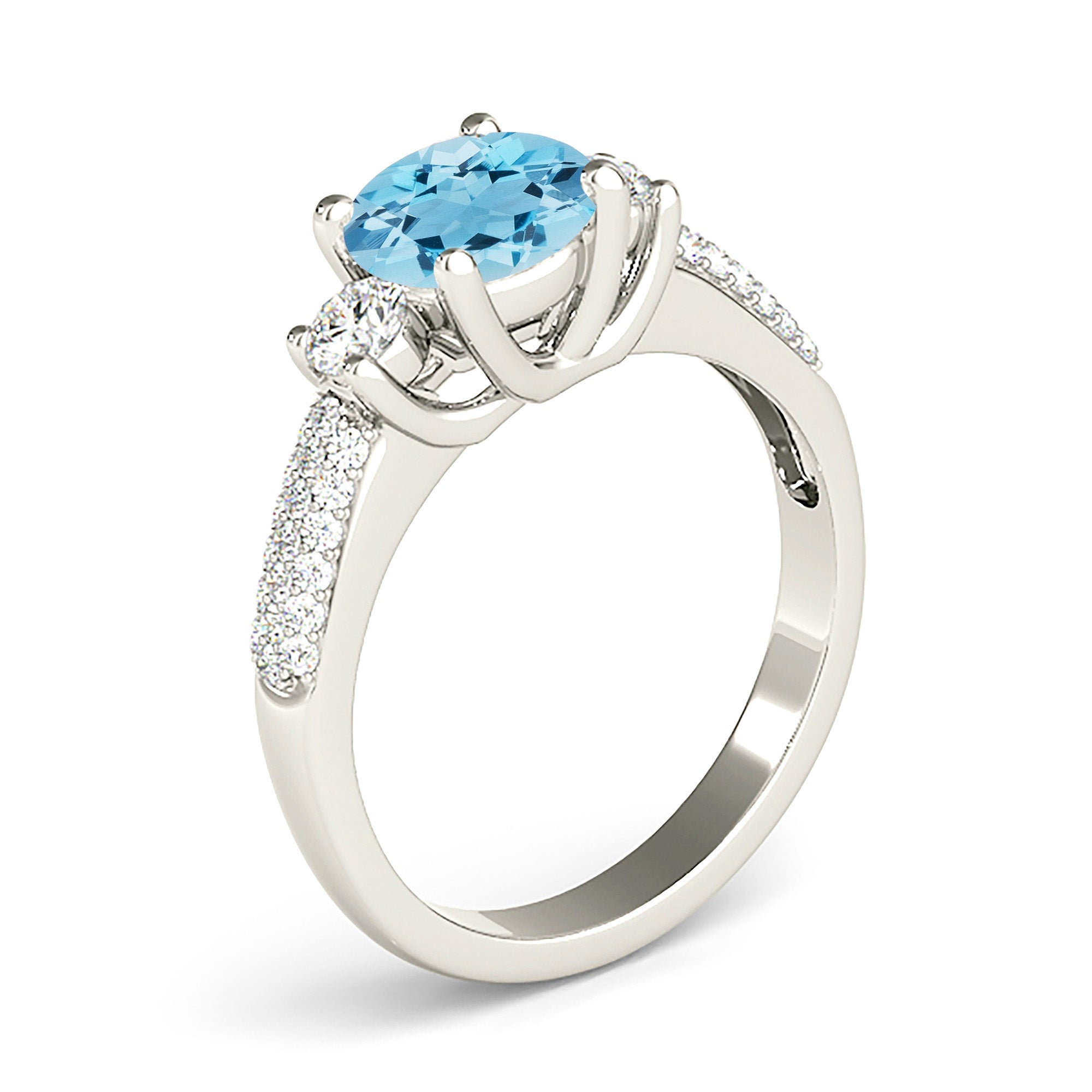 2.00 ct. Genuine Aquamarine Ring with 0.40 ctw. Side Accent Diamonds And double Row Diamond Band | Round Blue Aquamarine Halo Ring-VIRABYANI