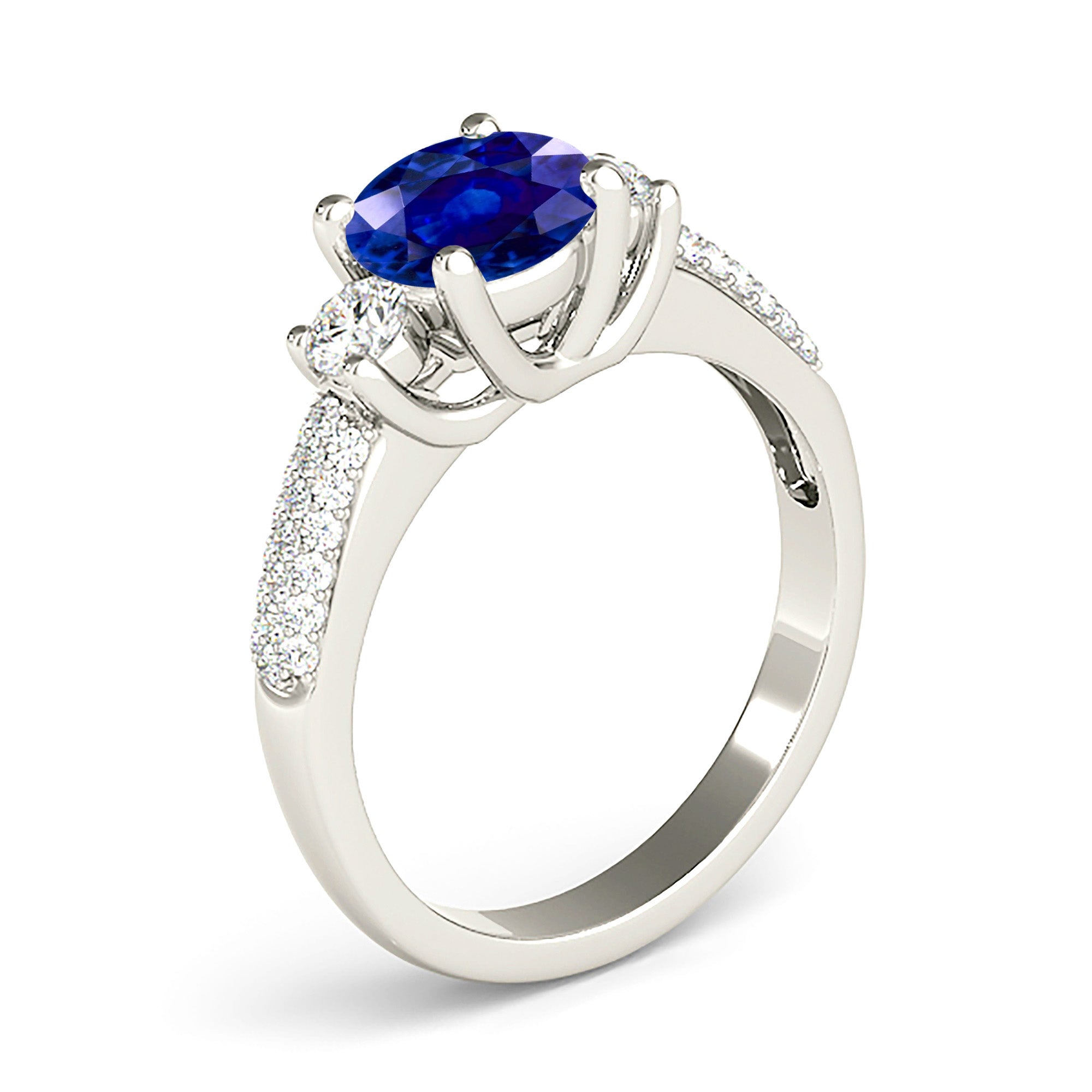 2.41 ct. Genuine Blue Sapphire Three Stone Ring with 0.40 ctw. Three Row Pave Set Side Diamonds-VIRABYANI