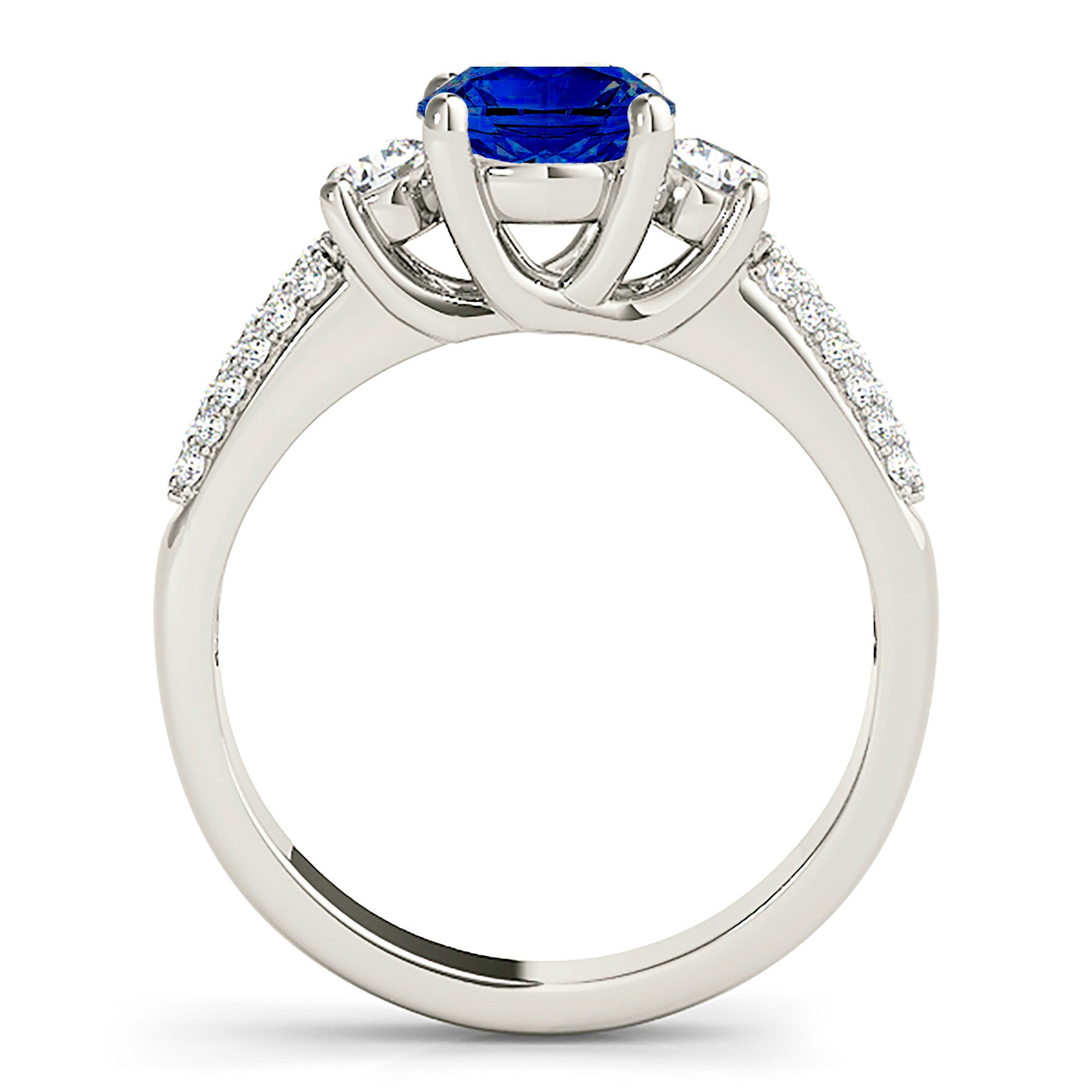 2.41 ct. Genuine Blue Sapphire Three Stone Ring with 0.40 ctw. Three Row Pave Set Side Diamonds-VIRABYANI