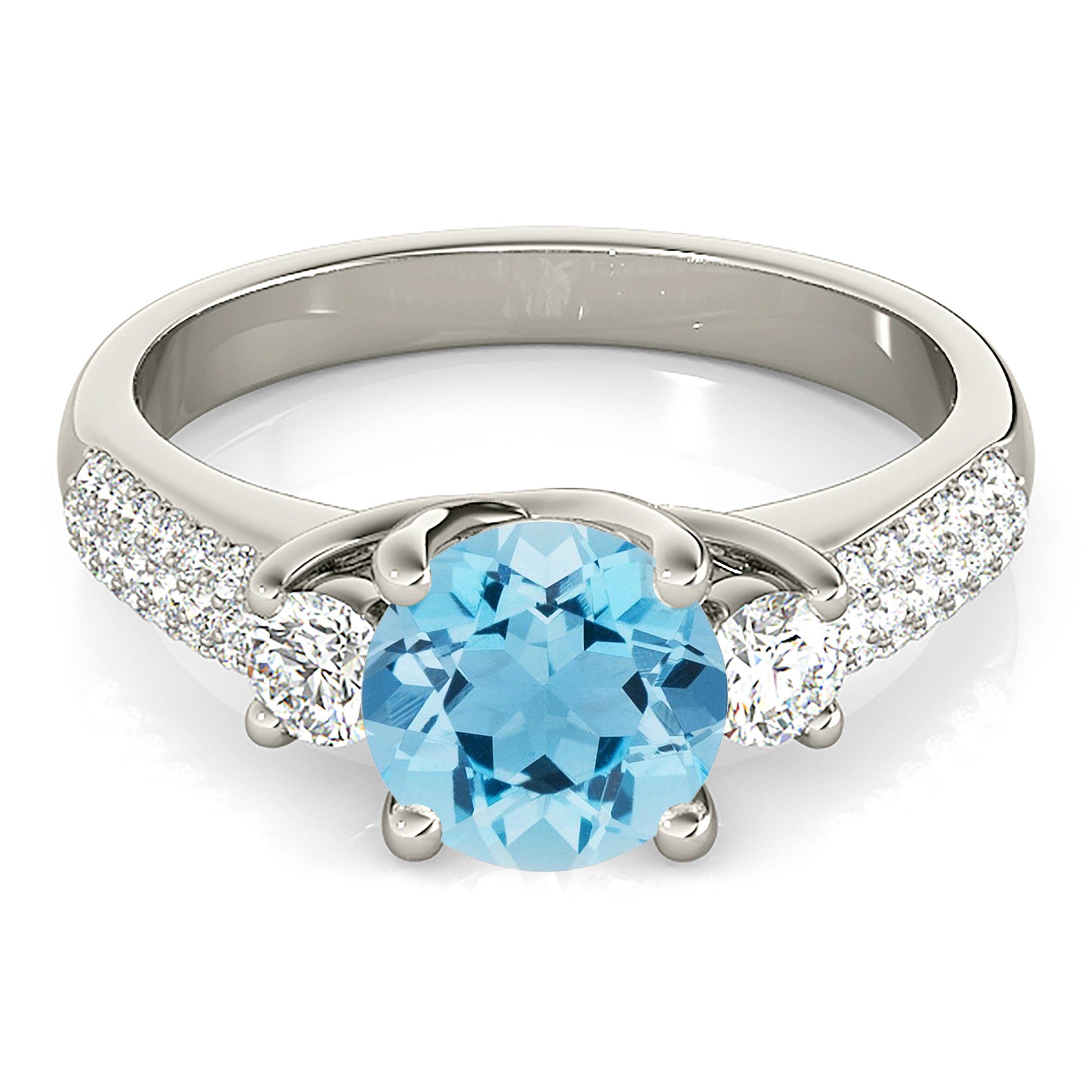 2.00 ct. Genuine Aquamarine Ring with 0.40 ctw. Side Accent Diamonds And double Row Diamond Band | Round Blue Aquamarine Halo Ring-VIRABYANI
