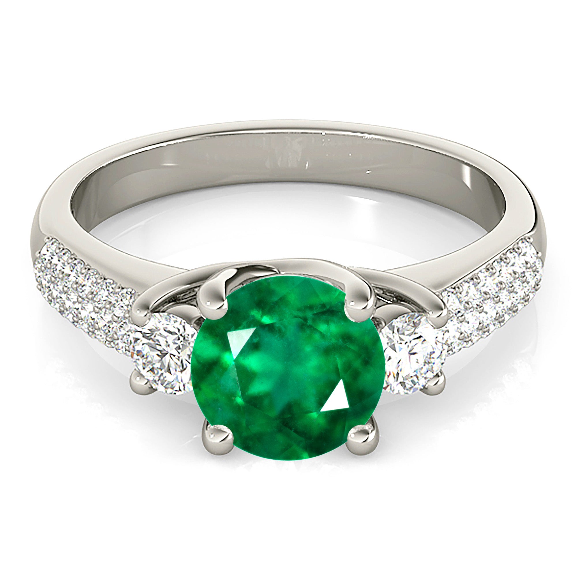 2.00 ct. Genuine Emerald Lucida Style Three Stone Ring With 0.40 ctw. Side Diamonds-in 14K/18K White, Yellow, Rose Gold and Platinum - Christmas Jewelry Gift -VIRABYANI