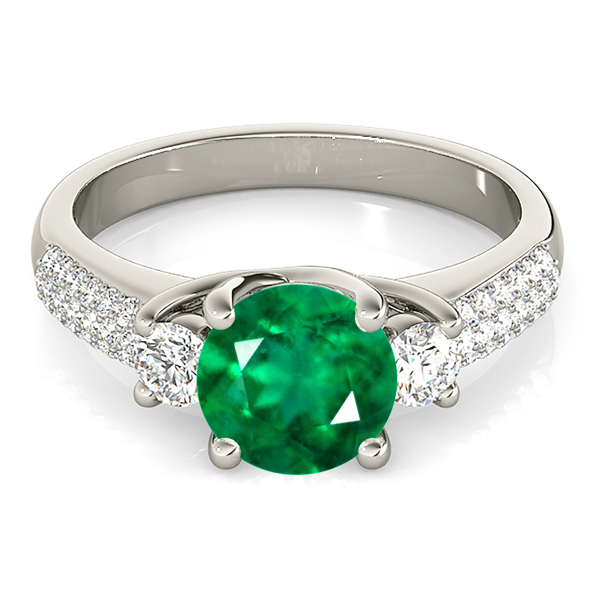 2.00 ct. Genuine Emerald Lucida Style Three Stone Ring With 0.40 ctw. Side Diamonds-VIRABYANI