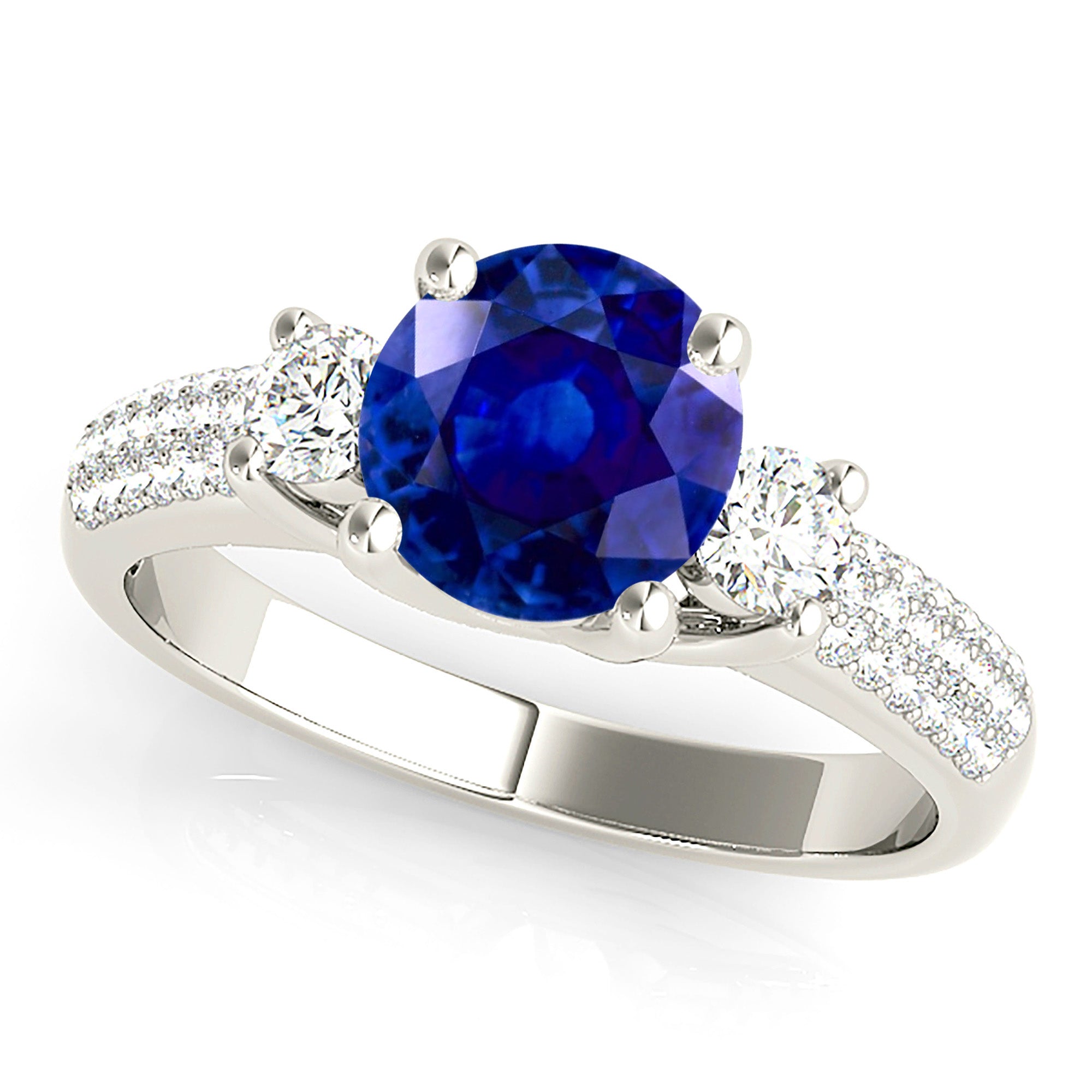 2.41 ct. Genuine Blue Sapphire Three Stone Ring with 0.40 ctw. Three Row Pave Set Side Diamonds-VIRABYANI