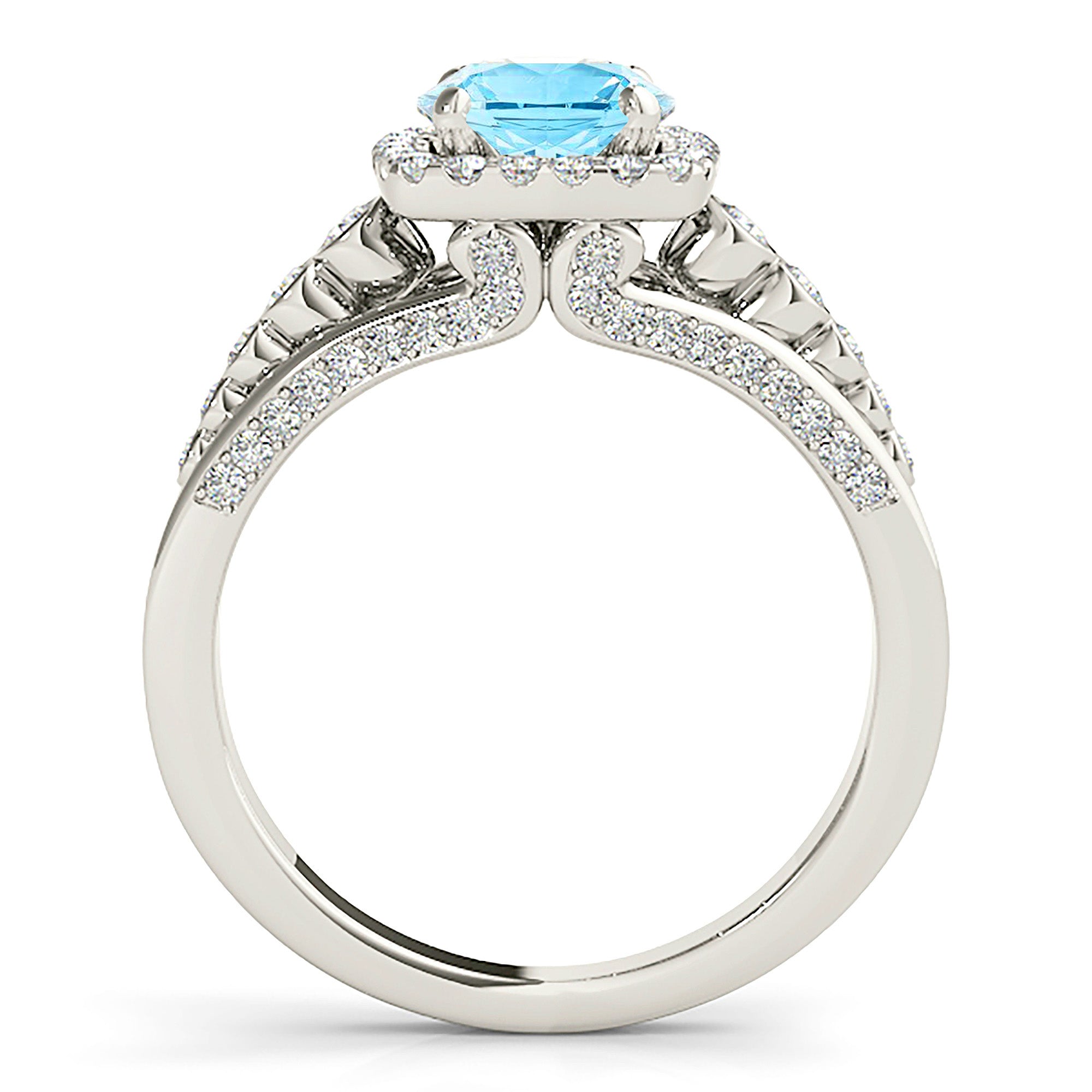 1.75 ct. Genuine Aquamarine Ring With 0.70 ctw. Diamond Cushion Halo And Side Bezel Set Accent Diamonds | Round Blue Aquamarine Halo Ring-VIRABYANI
