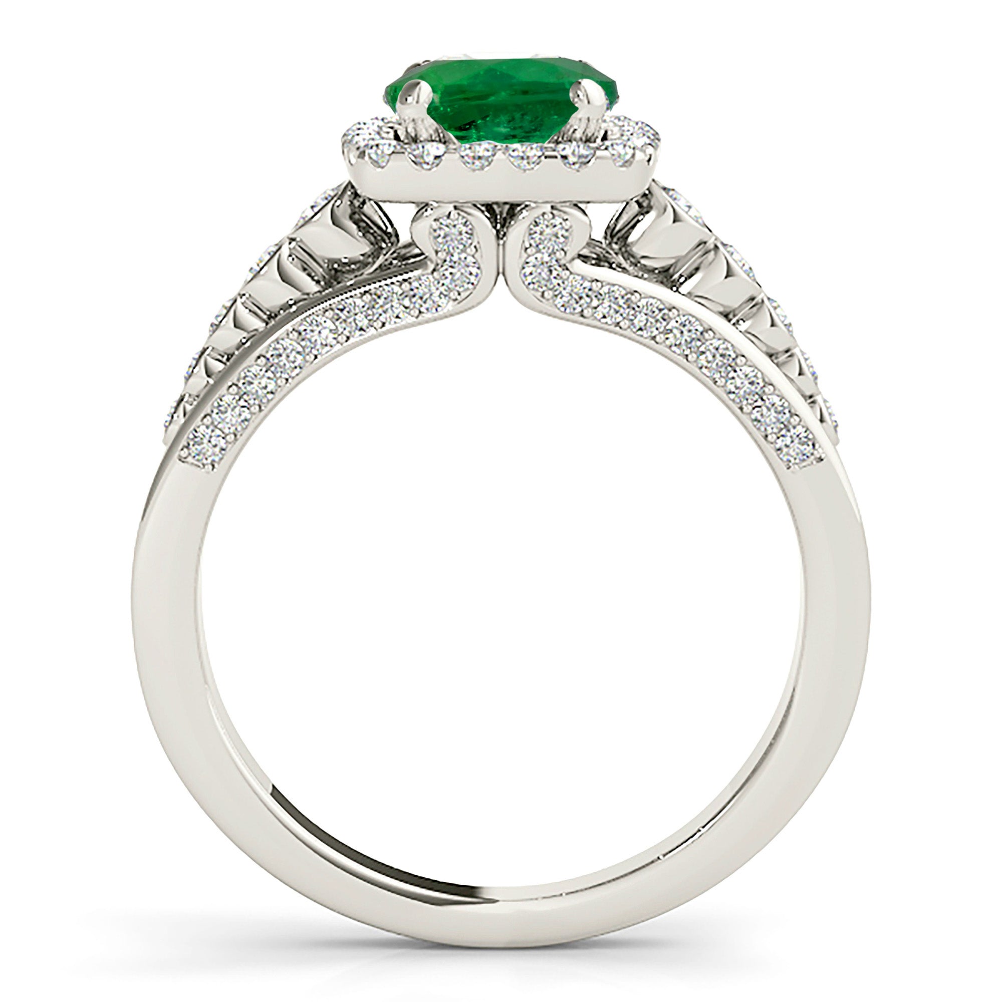 1.75 ct. Genuine Emerald Split Shank Halo Ring With 0.70 ctw. Pave and Bezel Set Side Diamonds-VIRABYANI