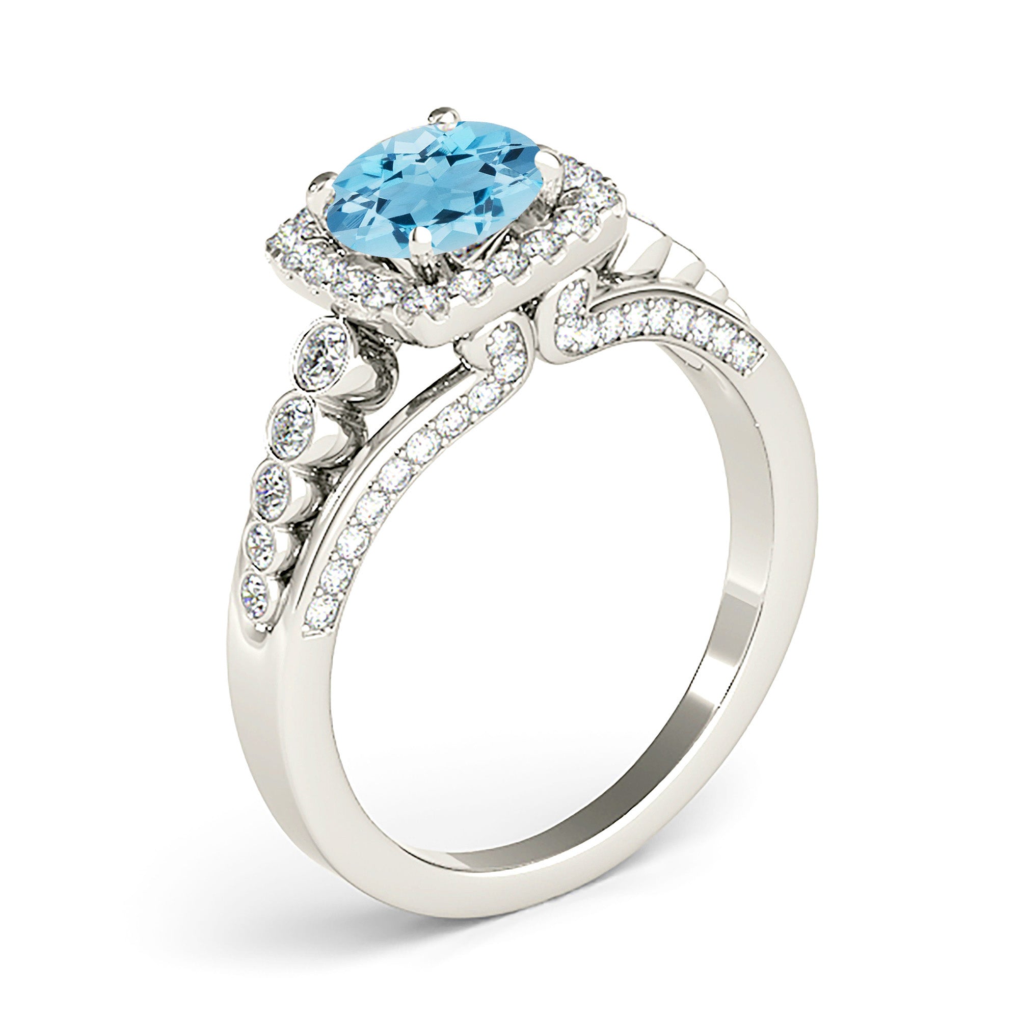 1.75 ct. Genuine Aquamarine Ring With 0.70 ctw. Diamond Cushion Halo And Side Bezel Set Accent Diamonds | Round Blue Aquamarine Halo Ring-VIRABYANI