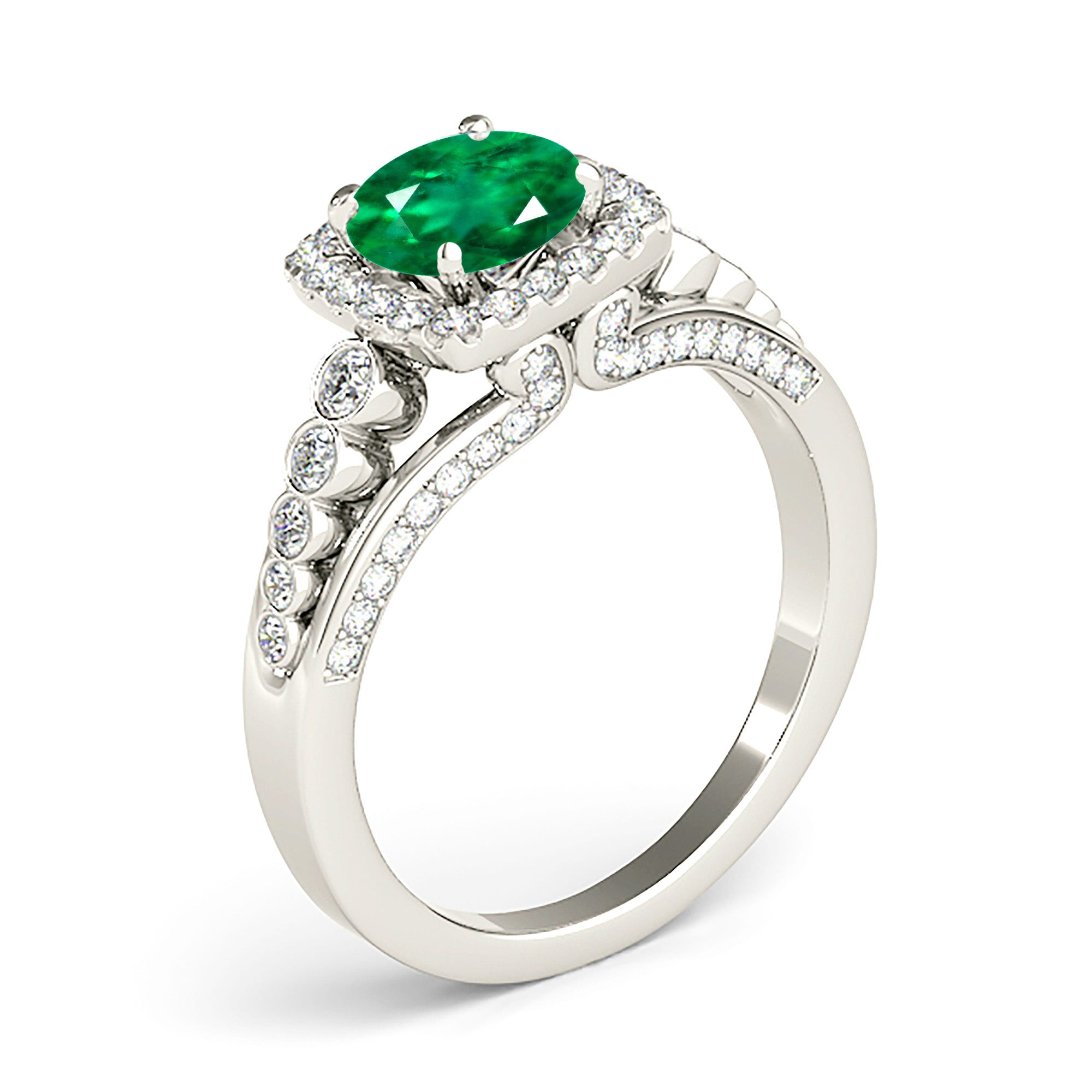 1.75 ct. Genuine Emerald Split Shank Halo Ring With 0.70 ctw. Pave and Bezel Set Side Diamonds-VIRABYANI