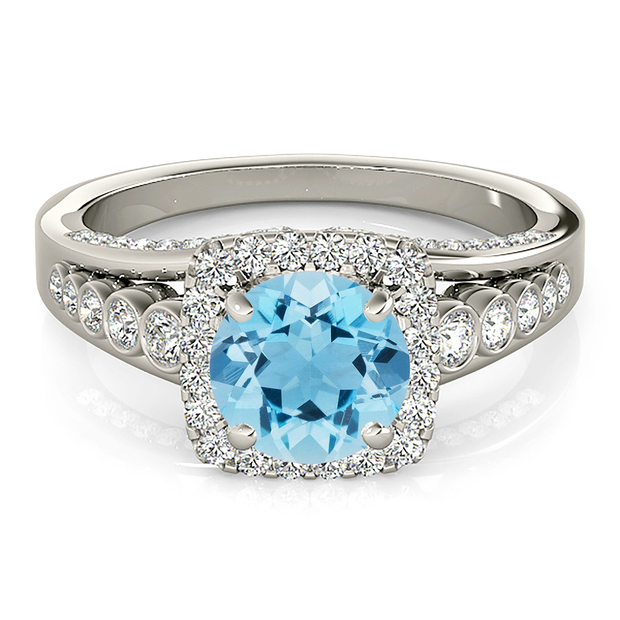 1.75 ct. Genuine Aquamarine Ring With 0.70 ctw. Diamond Cushion Halo And Side Bezel Set Accent Diamonds | Round Blue Aquamarine Halo Ring-VIRABYANI