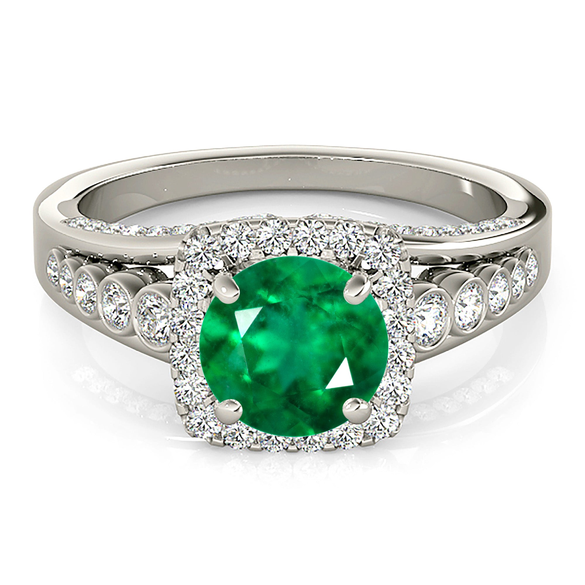 1.75 ct. Genuine Emerald Split Shank Halo Ring With 0.70 ctw. Pave and Bezel Set Side Diamonds-VIRABYANI