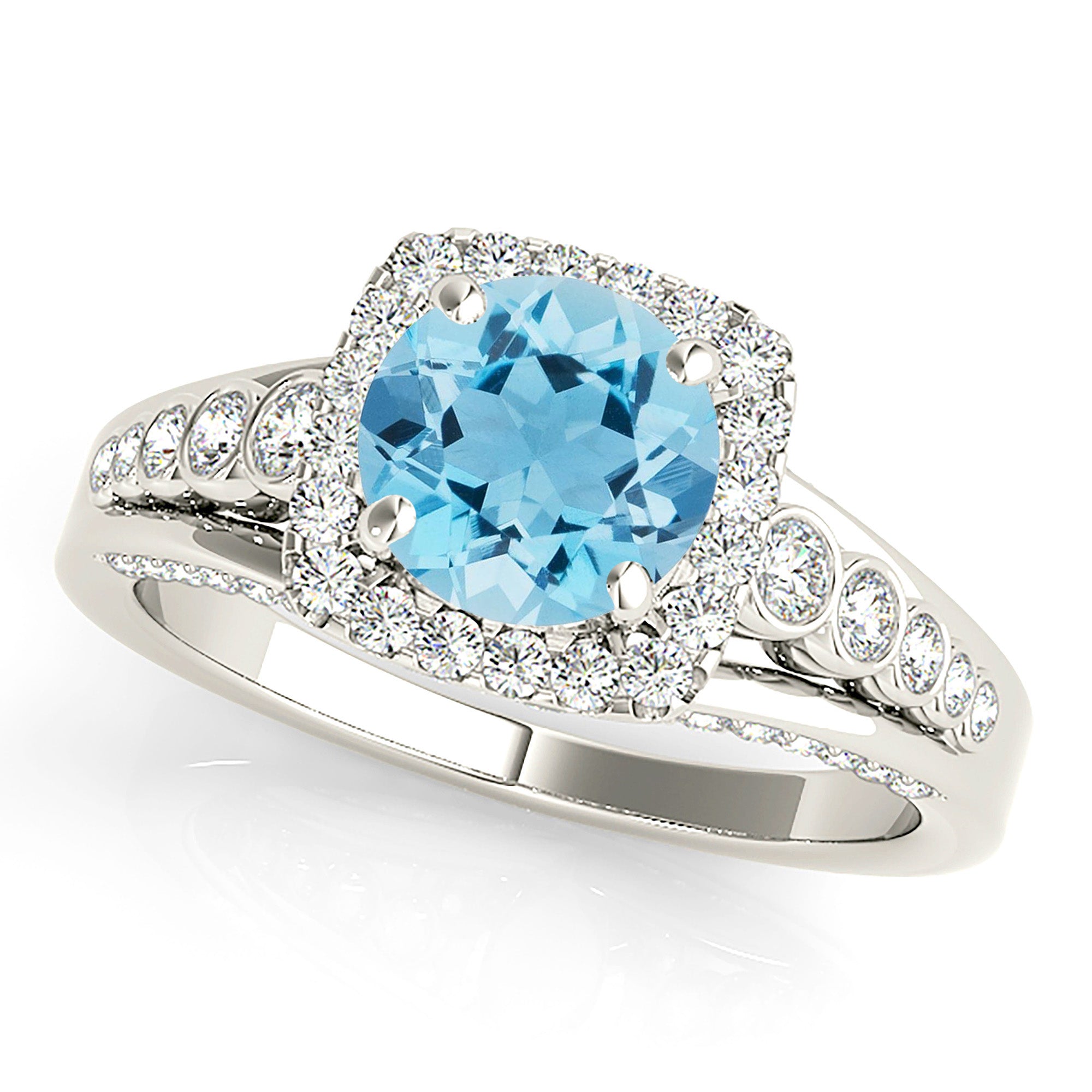 1.75 ct. Genuine Aquamarine Ring With 0.70 ctw. Diamond Cushion Halo And Side Bezel Set Accent Diamonds | Round Blue Aquamarine Halo Ring-VIRABYANI